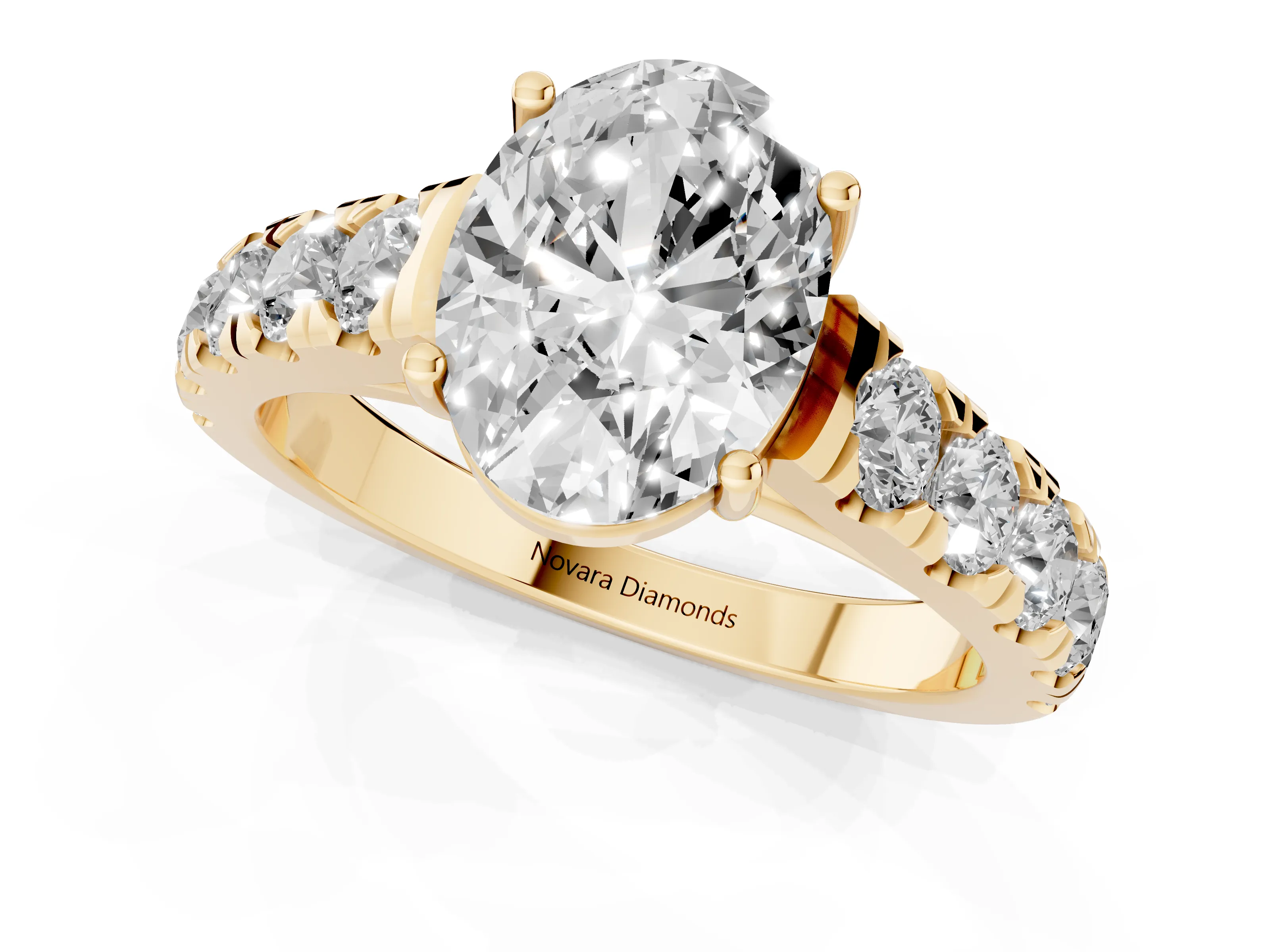 Oval Cut Diamond Solitaire Ring Set in Yellow gold with Cut-Down Micro Pavé Band and Prong Setting