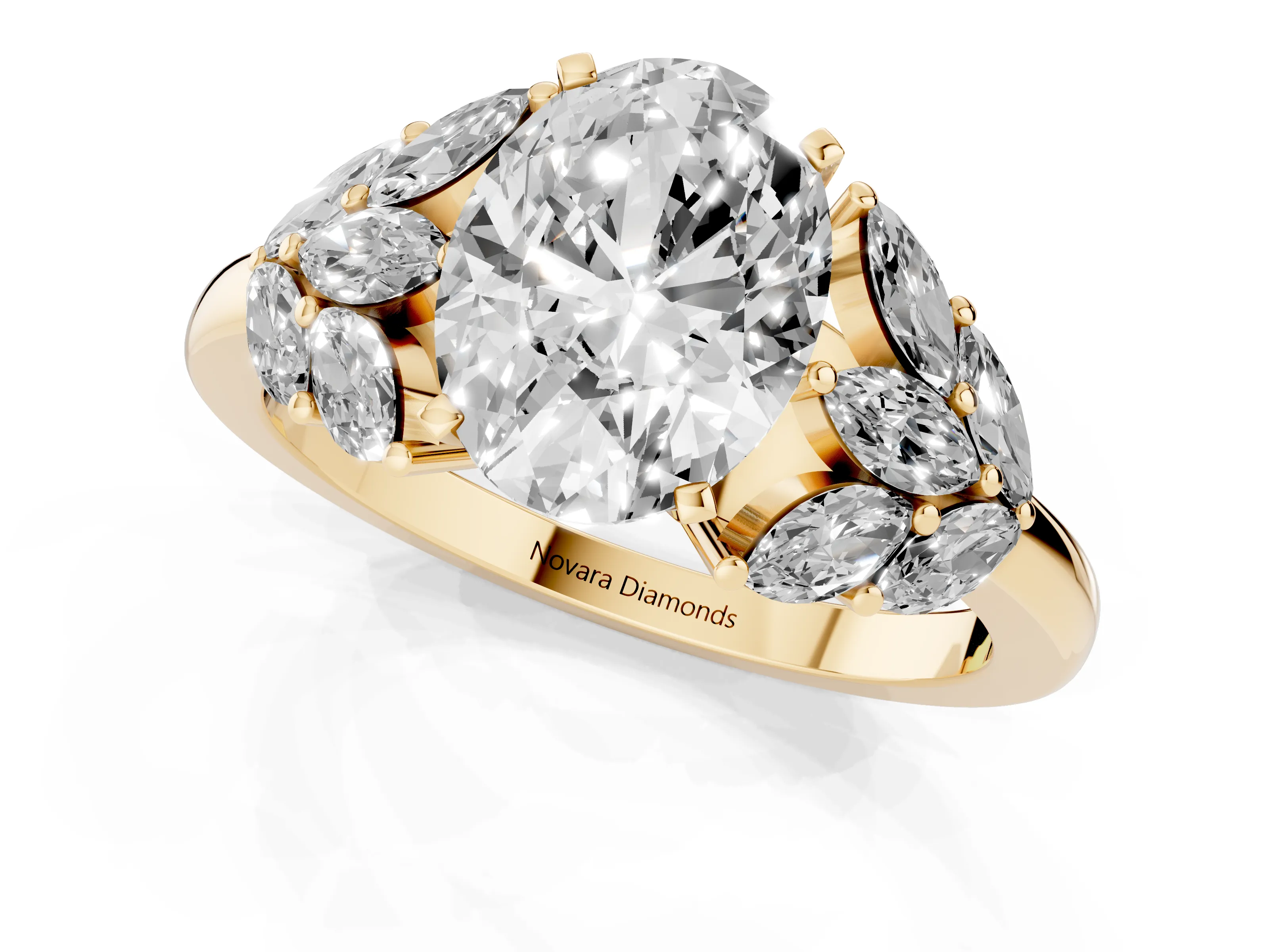 Oval Cut Diamond Cluster Leaf Design Ring Set in Yellow gold with Prong Setting