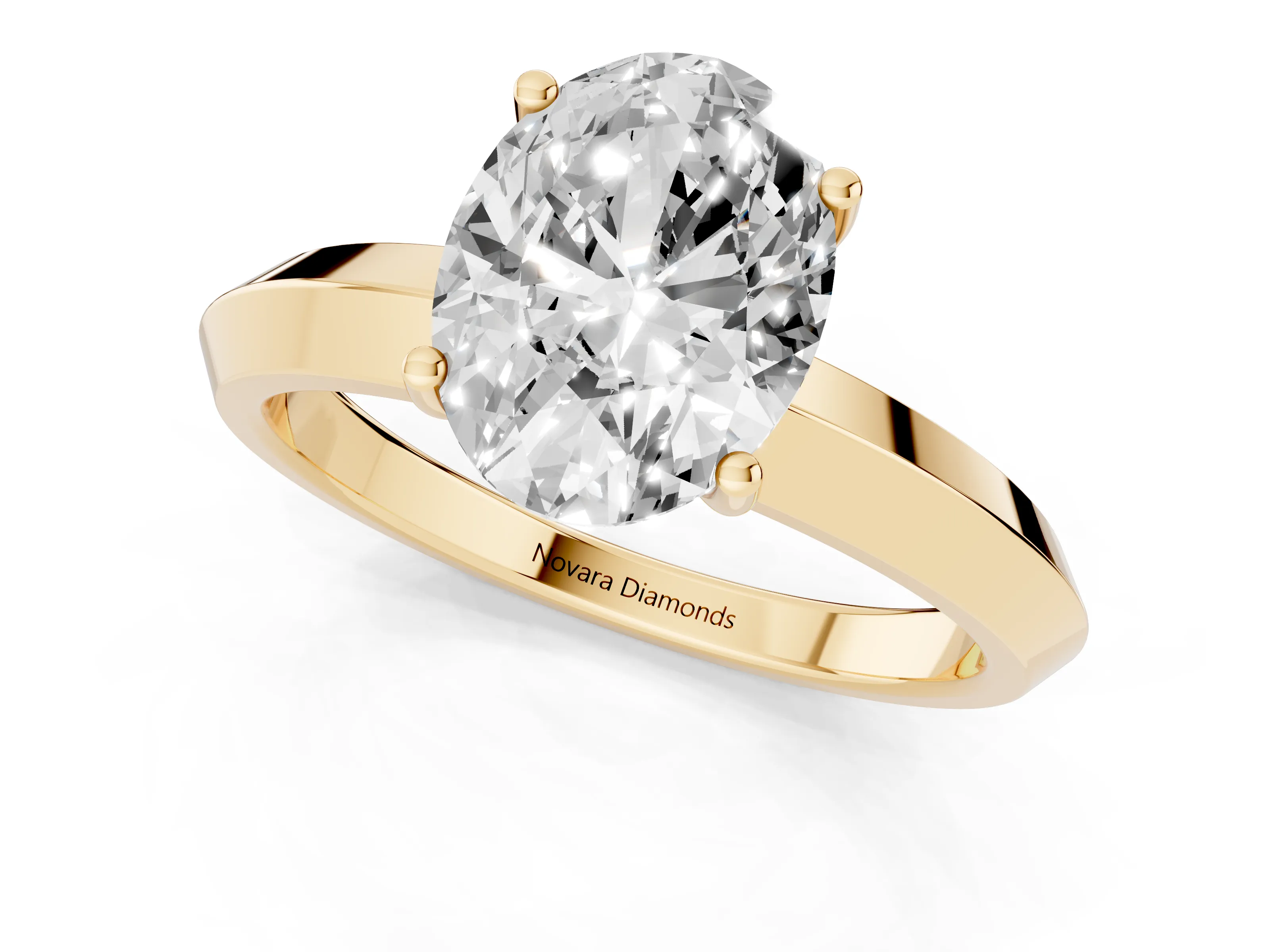 Oval Cut Diamond Solitaire Engagement Ring Set in Yellow gold with Flat Band and Prong Setting