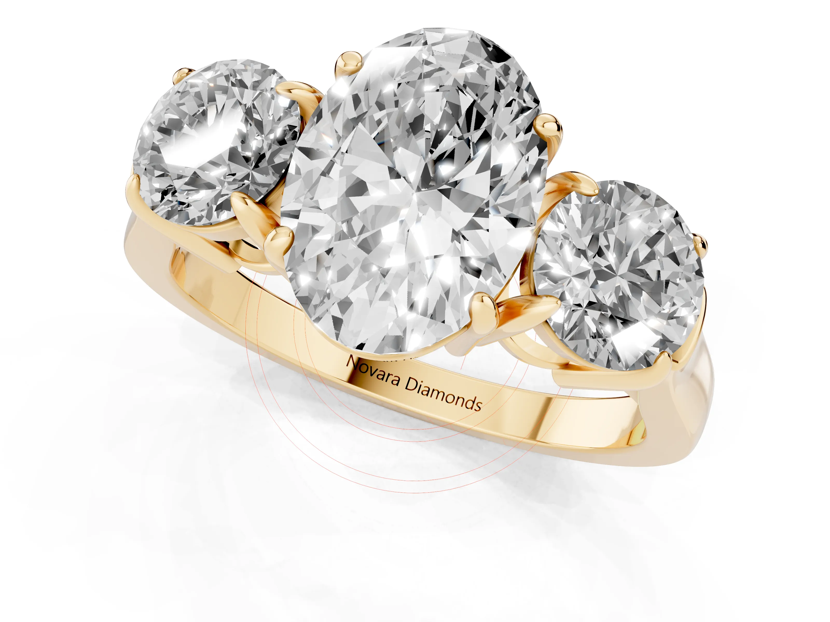Oval Cut Diamond Three-Stone Ring Set in Yellow gold with Round Accent Stones and Plain Band