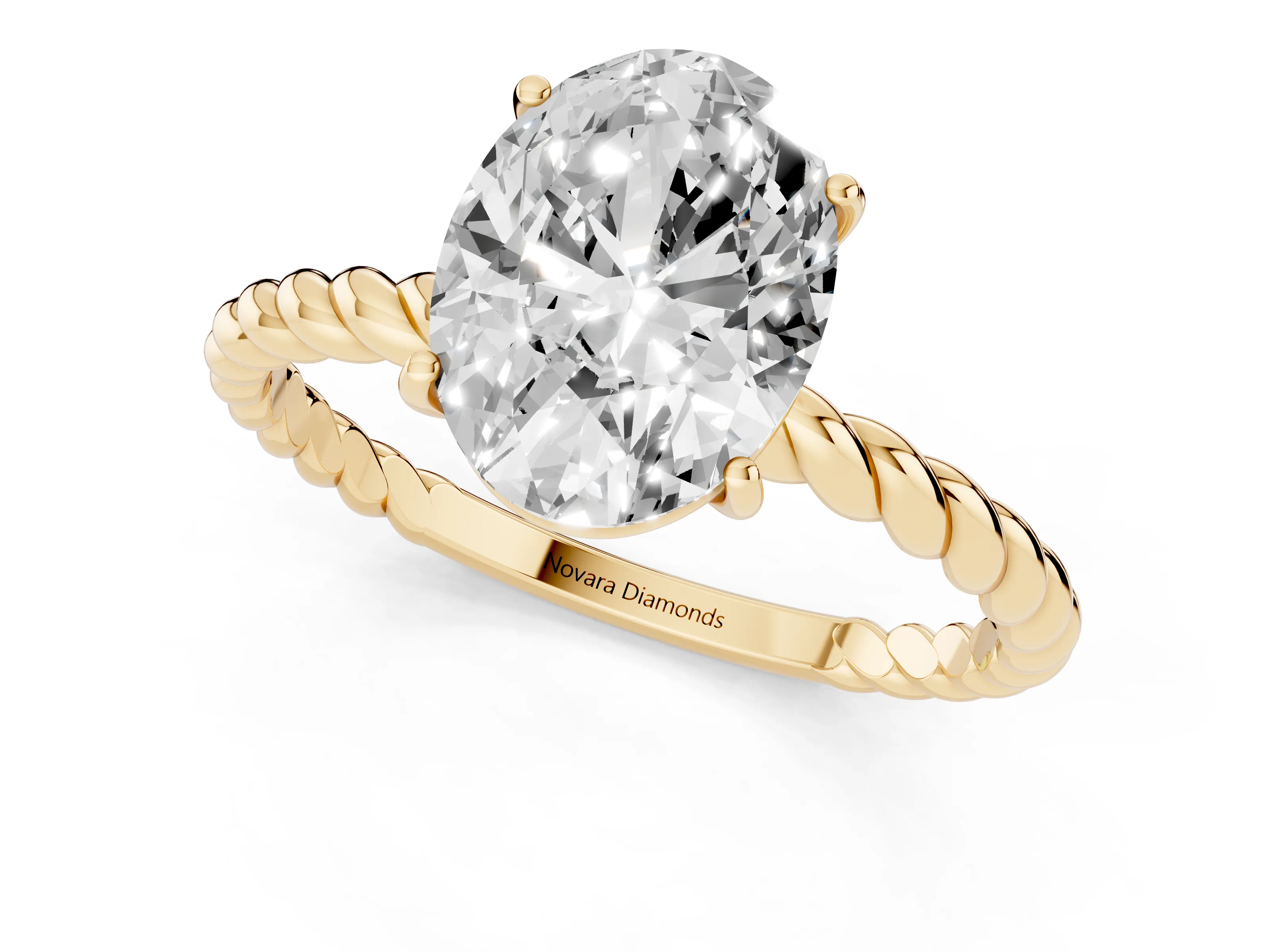 Oval Cut Diamond Solitaire Twisted Band Ring Set in Yellow gold with Prong Solitaire Setting