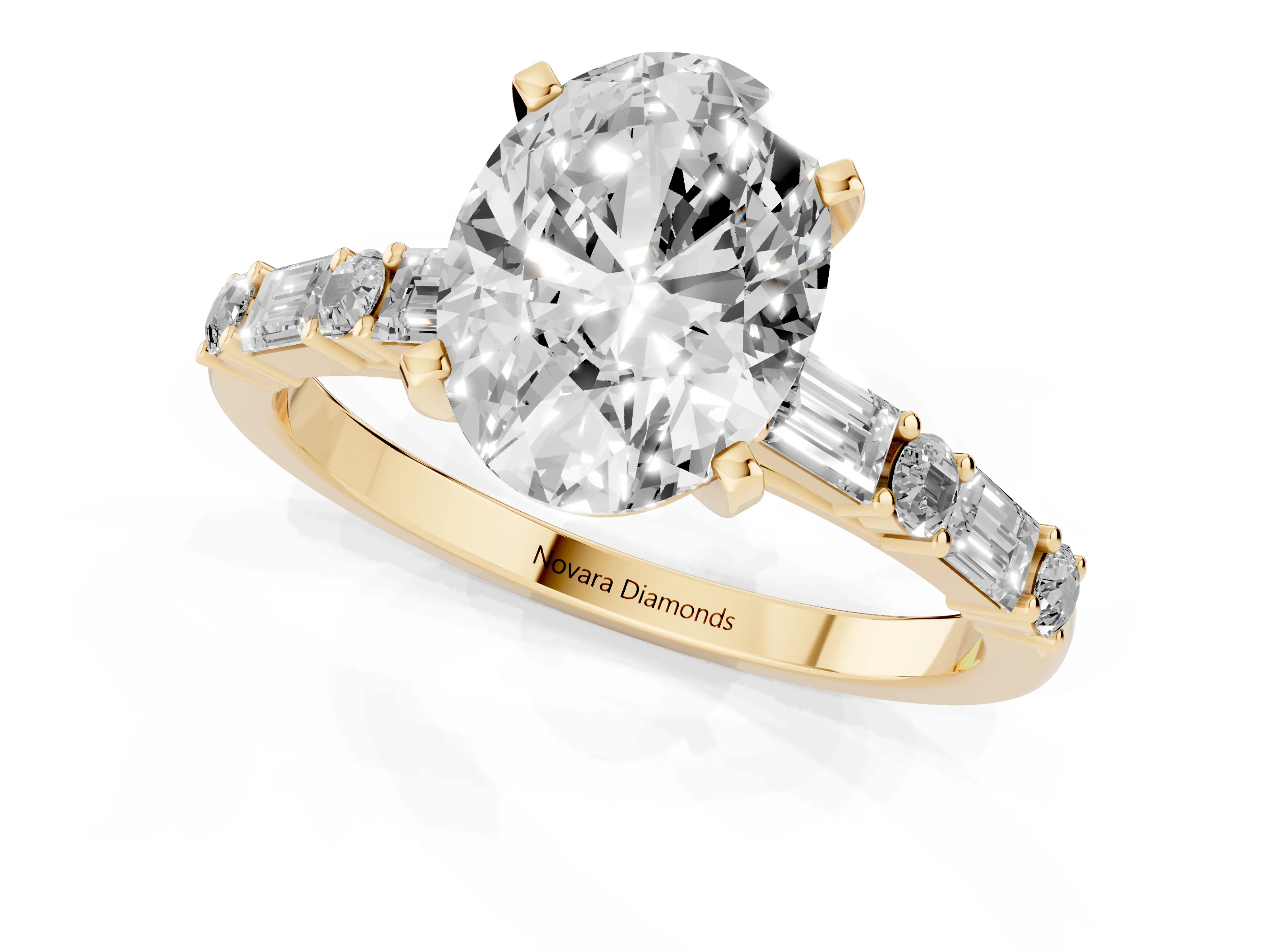Oval Cut Diamond Solitaire Set in Yellow gold with Side Baguettes and Channel Set Band