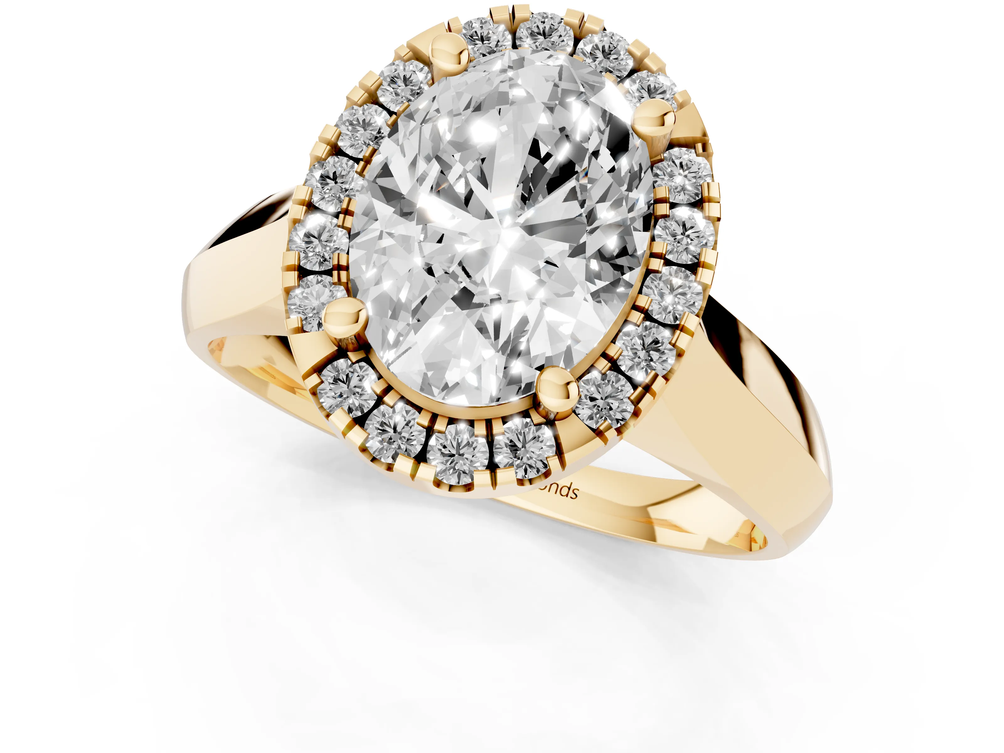 Oval Cut Diamond Halo Solitaire Engagement Ring Set in Yellow gold with Square Band and Prong Setting