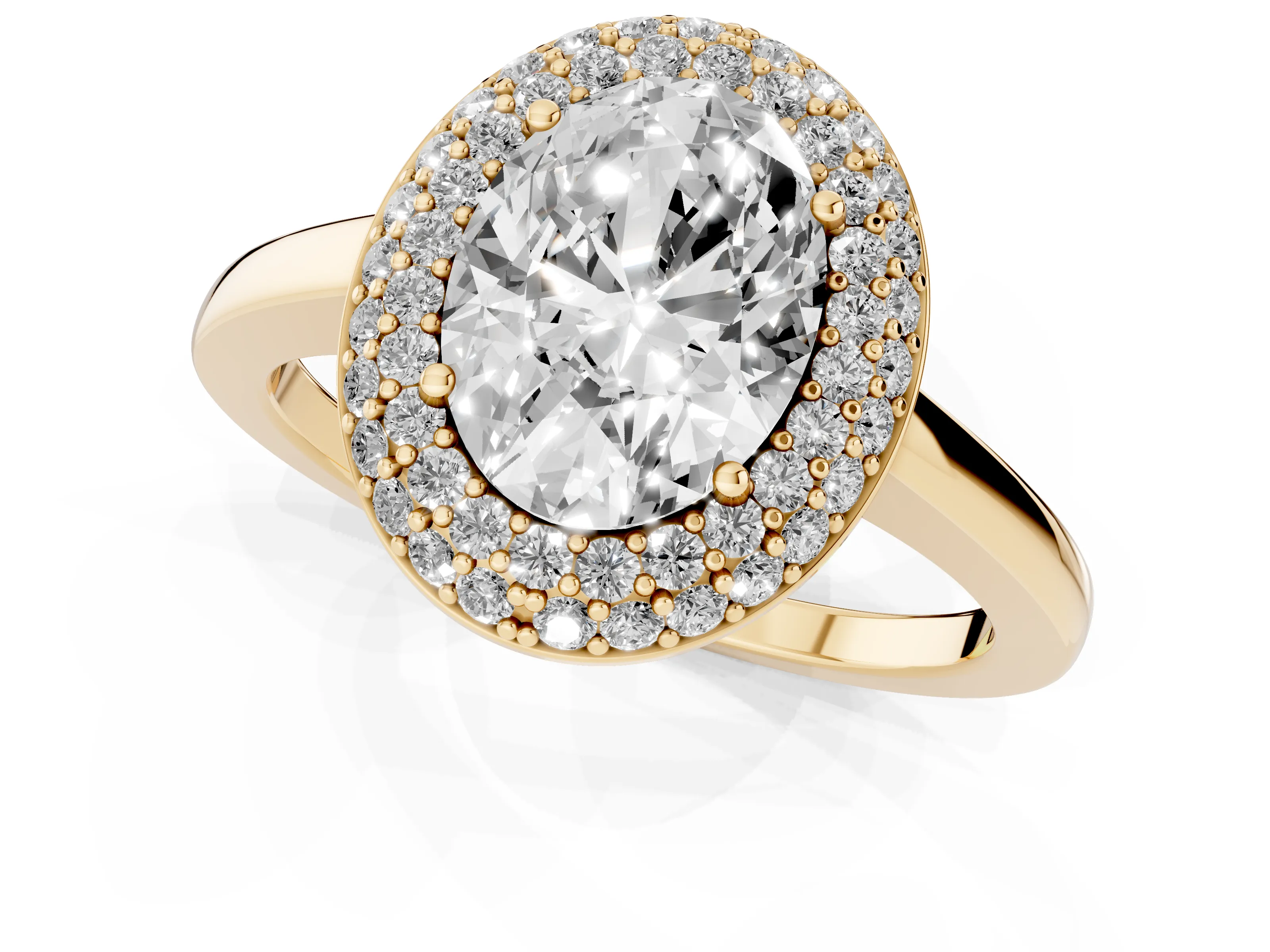 Oval Cut Diamond Halo Engagement Ring Set in Yellow gold with Solitaire Band and Prong Setting