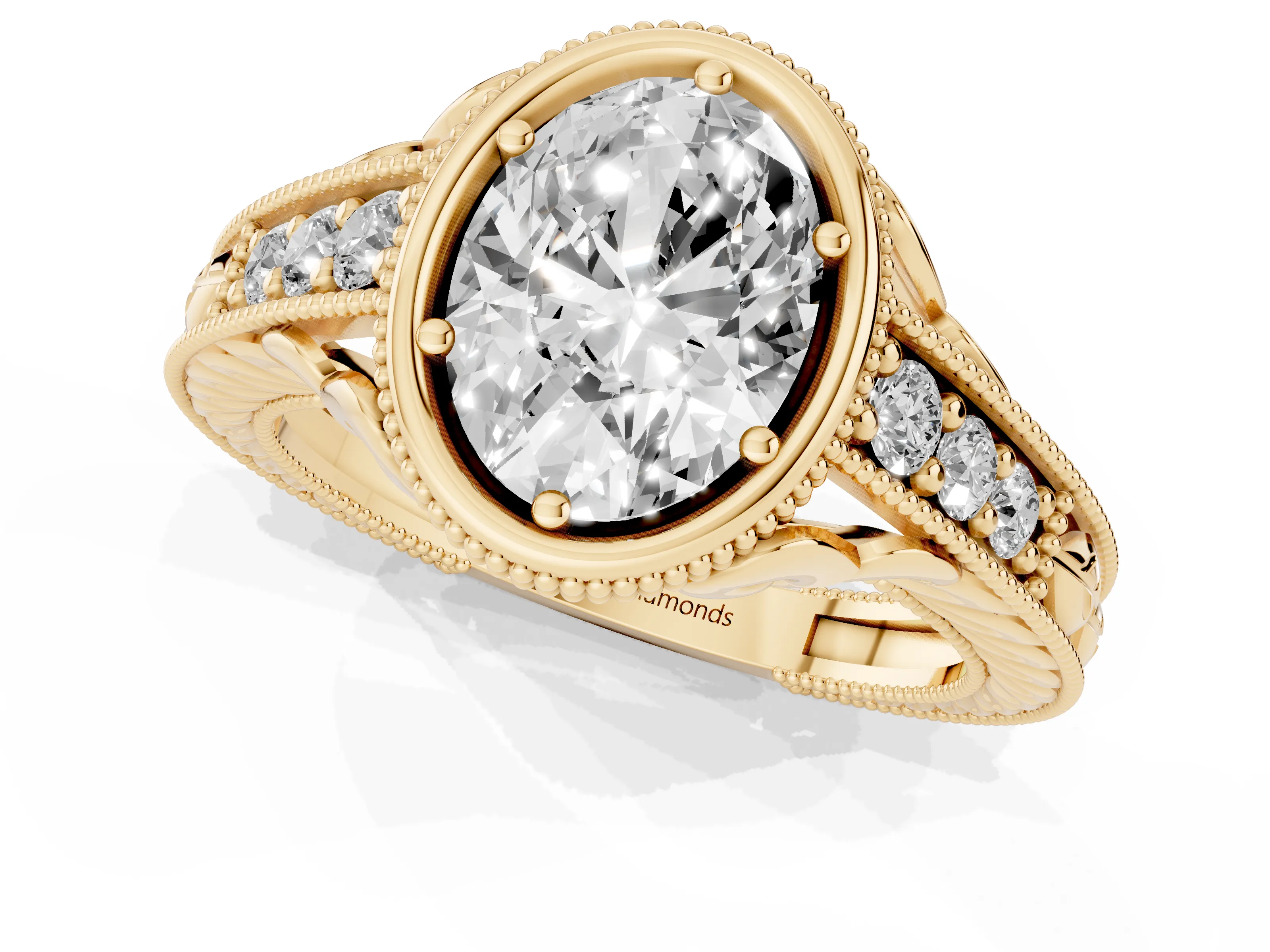 Bezel Set Oval Cut Diamond Milgrain Pavé Engagement Ring Set in Yellow gold