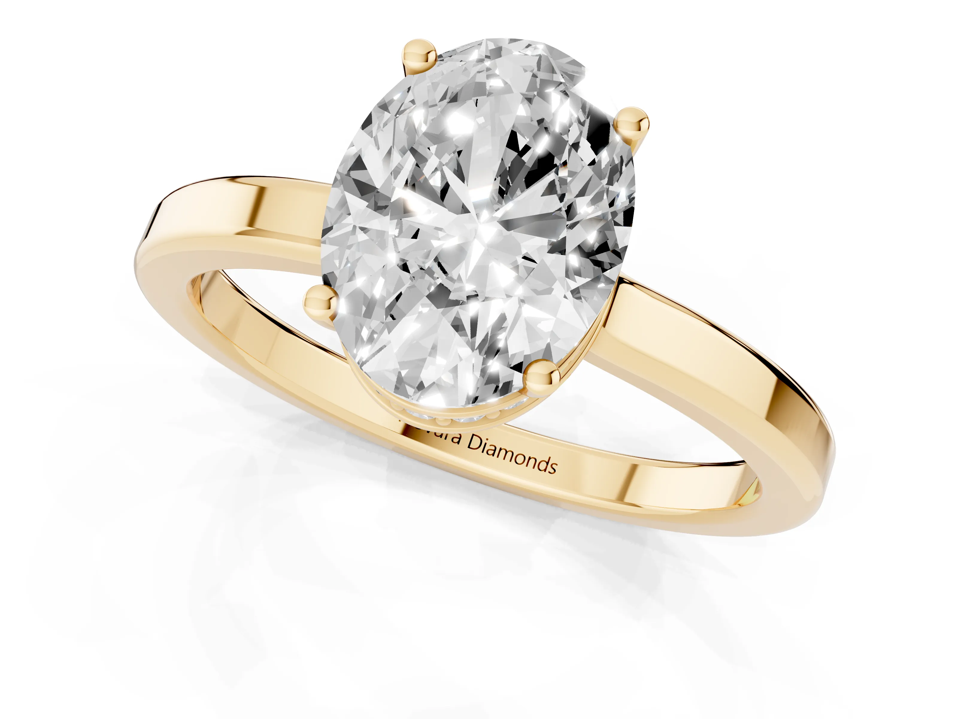 Oval Cut Diamond Solitaire Engagement Ring Set in Yellow gold with Prong Setting on a Plain Band