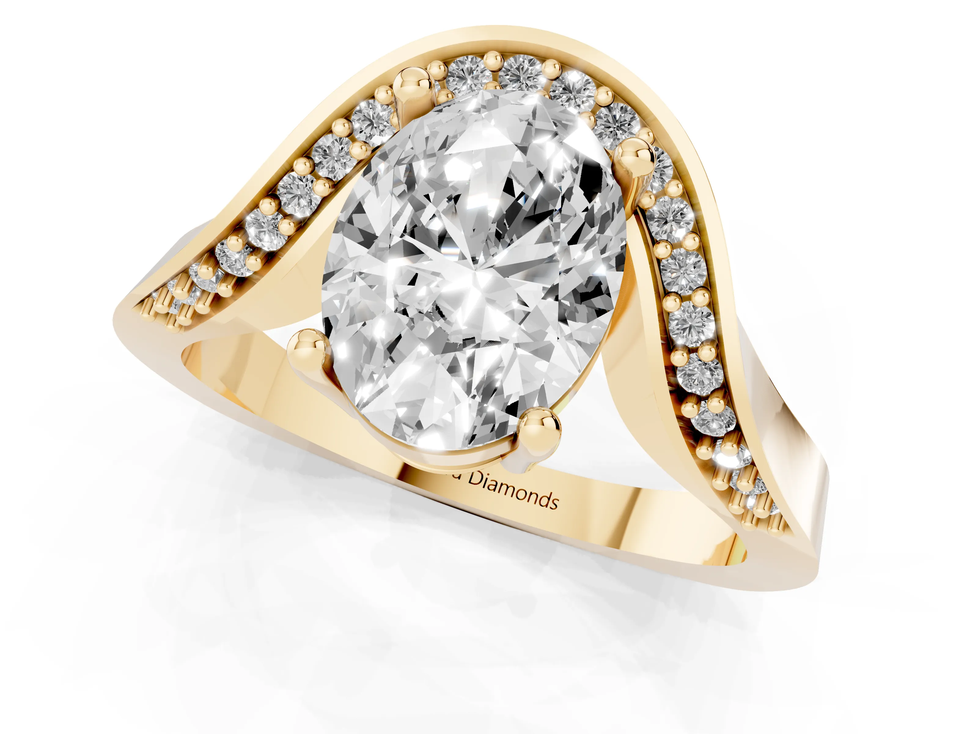 Oval Cut Diamond Solitaire Engagement Ring Set in Yellow gold with Pavé Shoulders