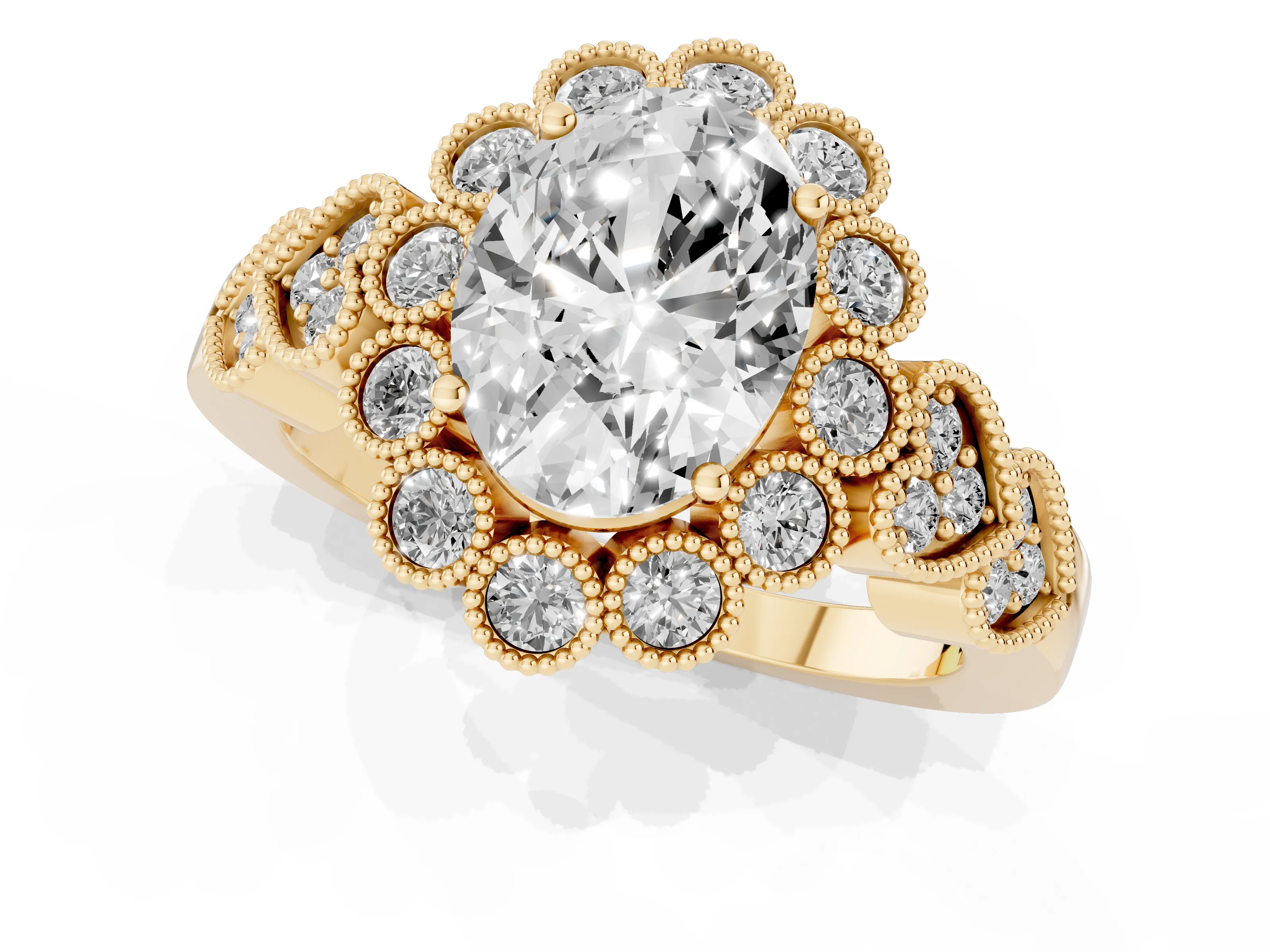 Oval Cut Diamond Solitaire Ring Set in Yellow gold with Milgrain Pavé Heart Band