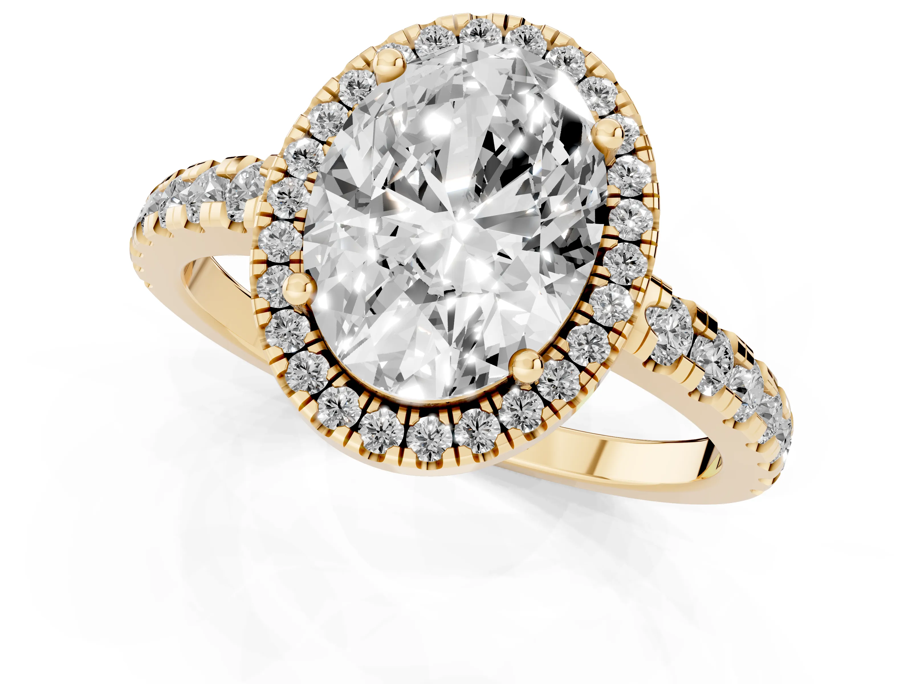 Oval Cut Diamond Halo Ring Set in Yellow gold with Delicate Pavé Band and Prong Setting