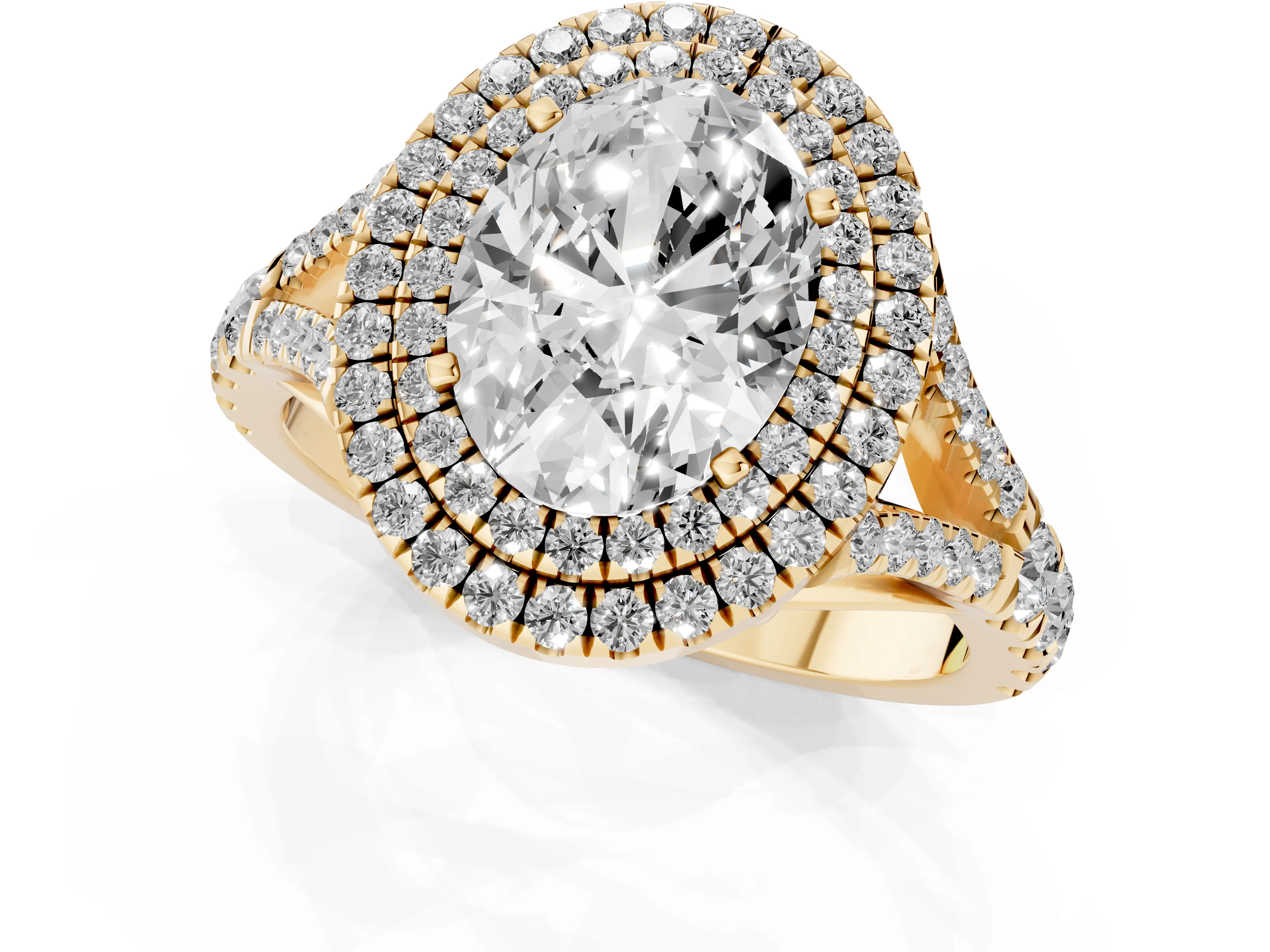 Oval Cut Diamond Pavé Split Shank Double Halo Engagement Ring Set in Yellow gold – second view