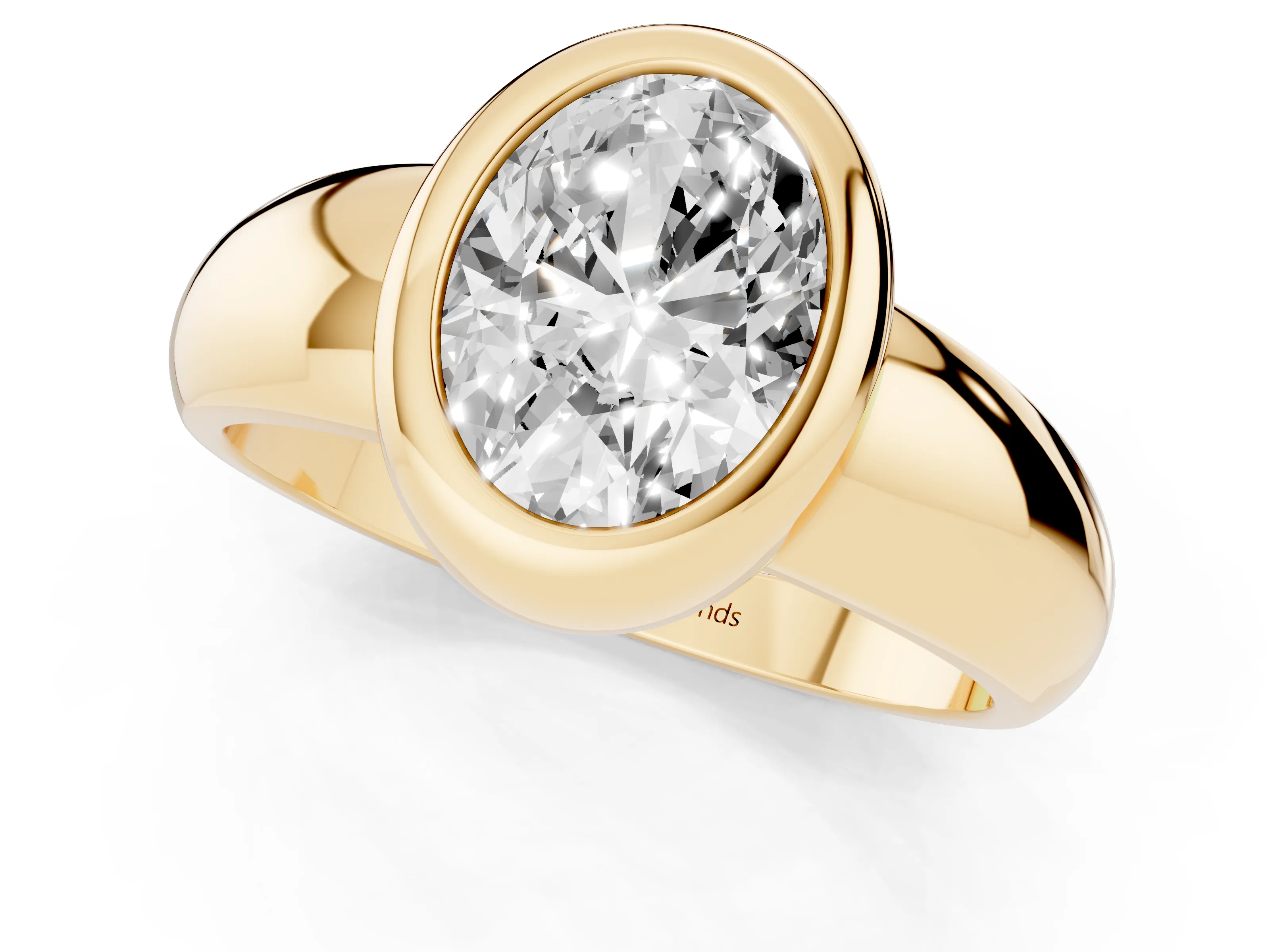 Bezel Set Oval Cut Diamond Solitaire Ring Set in Yellow gold with Wide Band