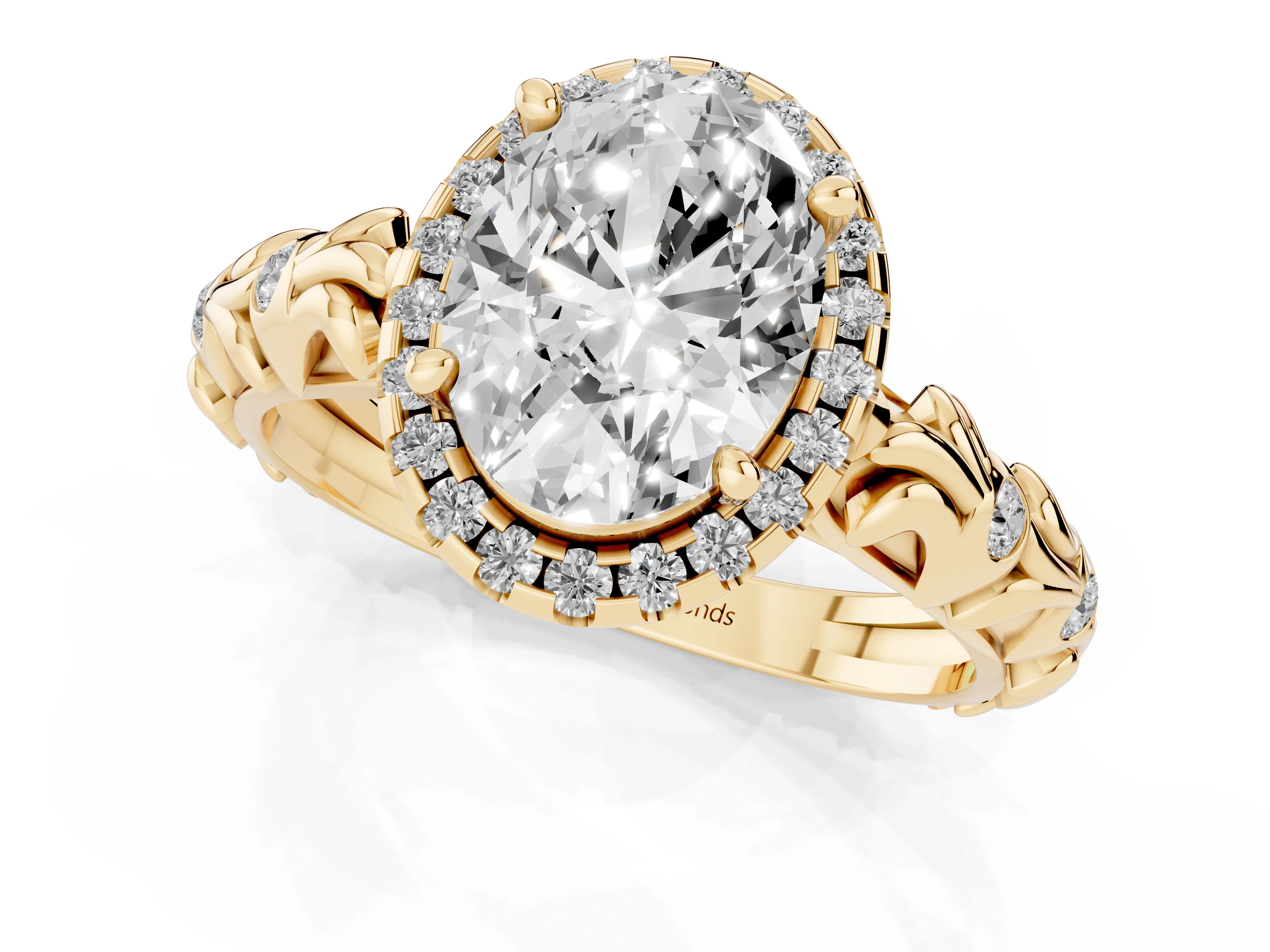 Oval Cut Diamond Halo Ring Set in Yellow gold with Filigree Leaf Band and Prong Setting
