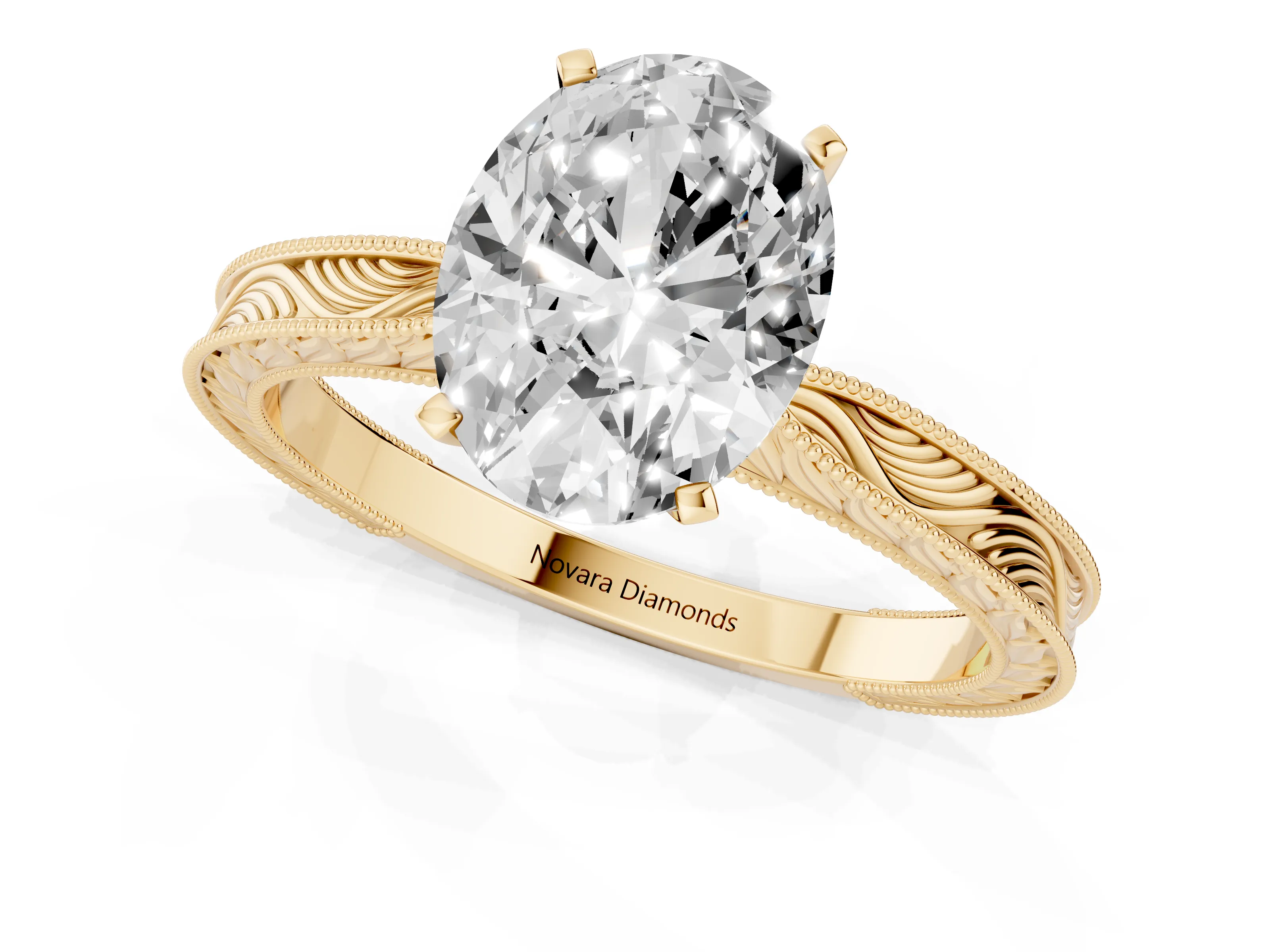 Oval Cut Diamond Solitaire Milgrain Engraved Band Set in Yellow gold with Prong Setting