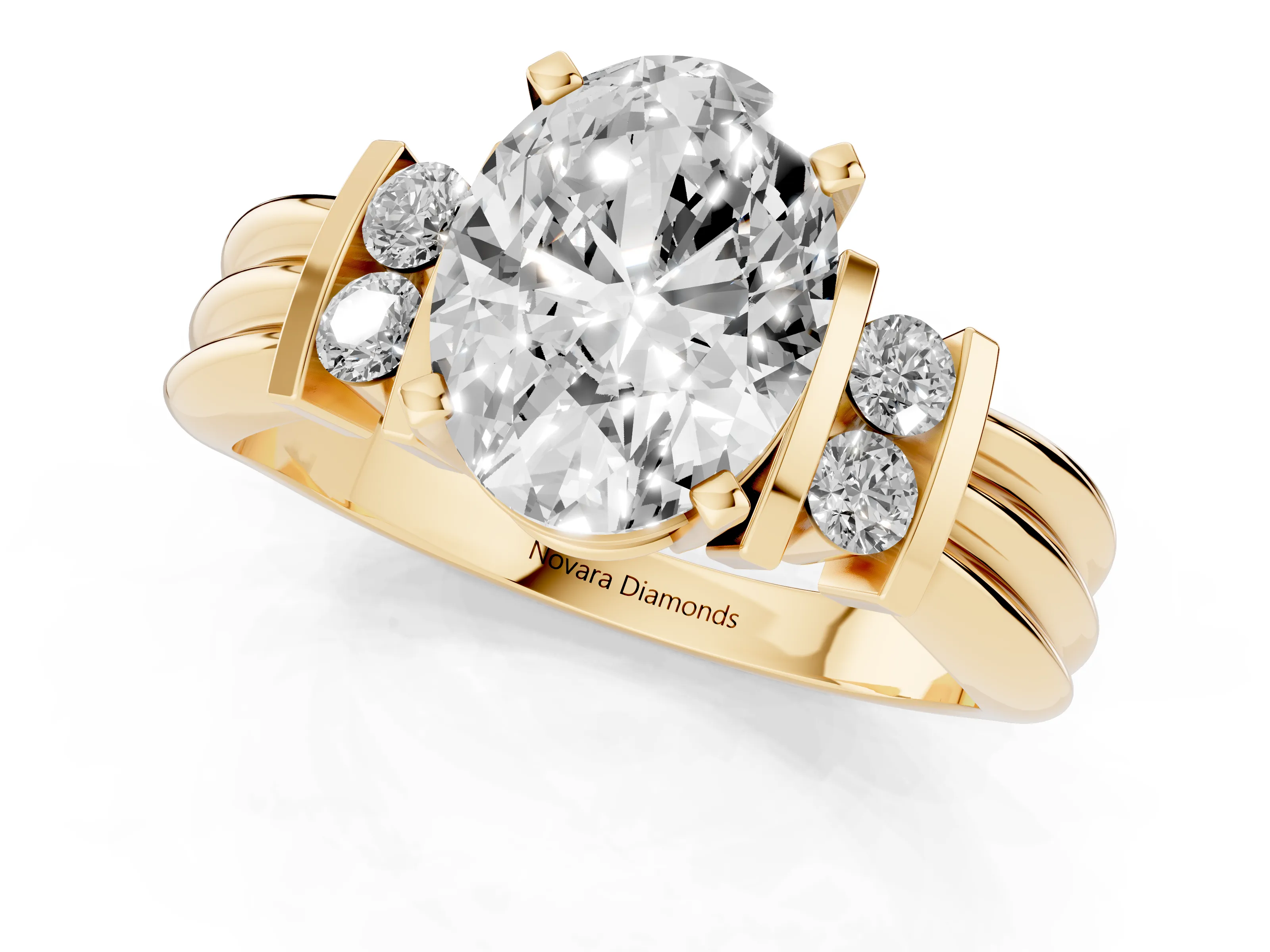 Three-Stone Oval Cut Diamond Channel Set Ring Set in Yellow gold with Bar Prongs