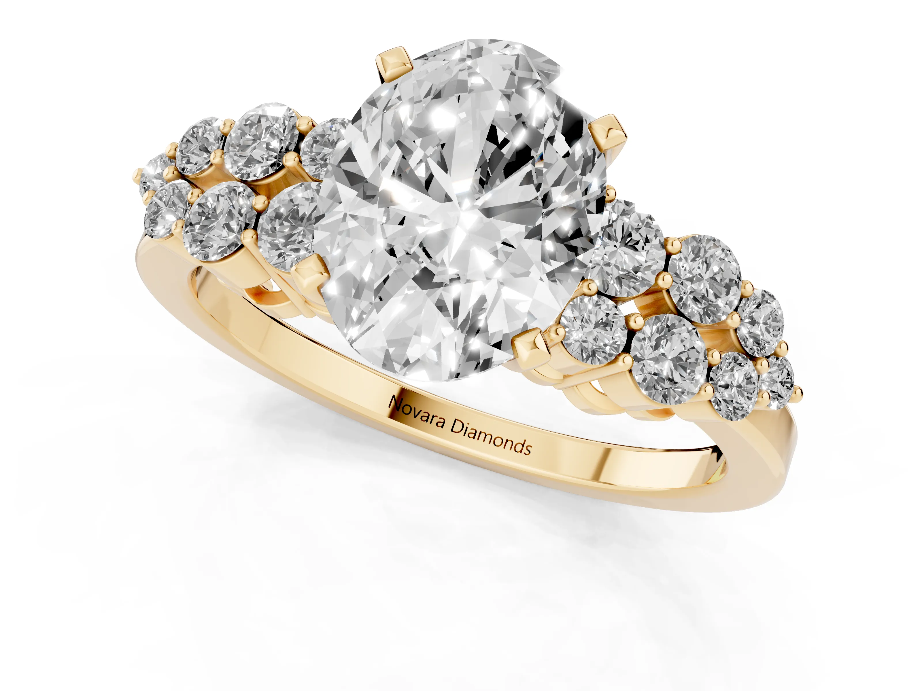 Oval Cut Diamond Cluster Engagement Ring Set in Yellow gold with Pavé Band and Prong Setting