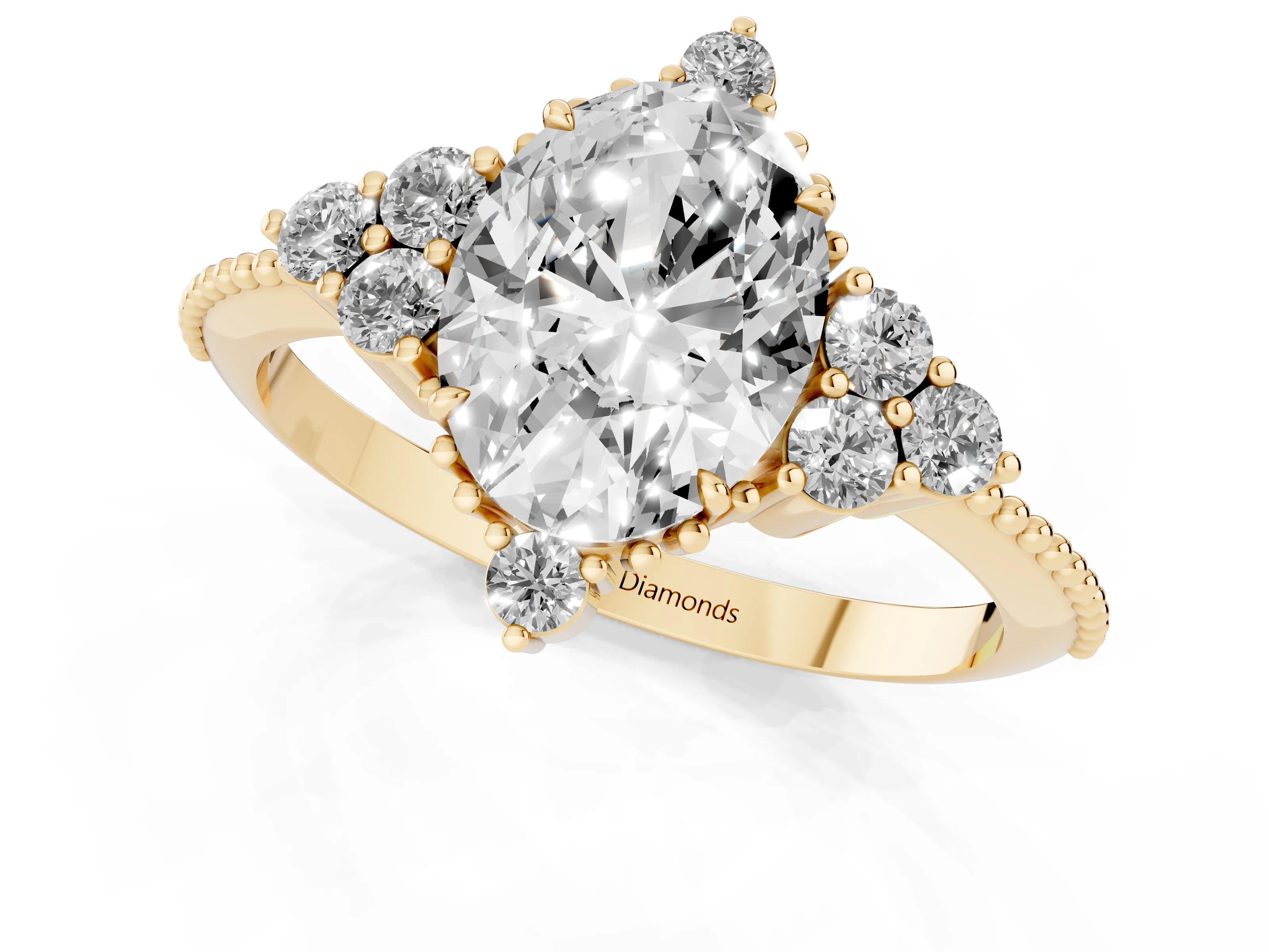 Oval Cut Diamond Cluster Ring Set in Yellow gold with Beaded Band