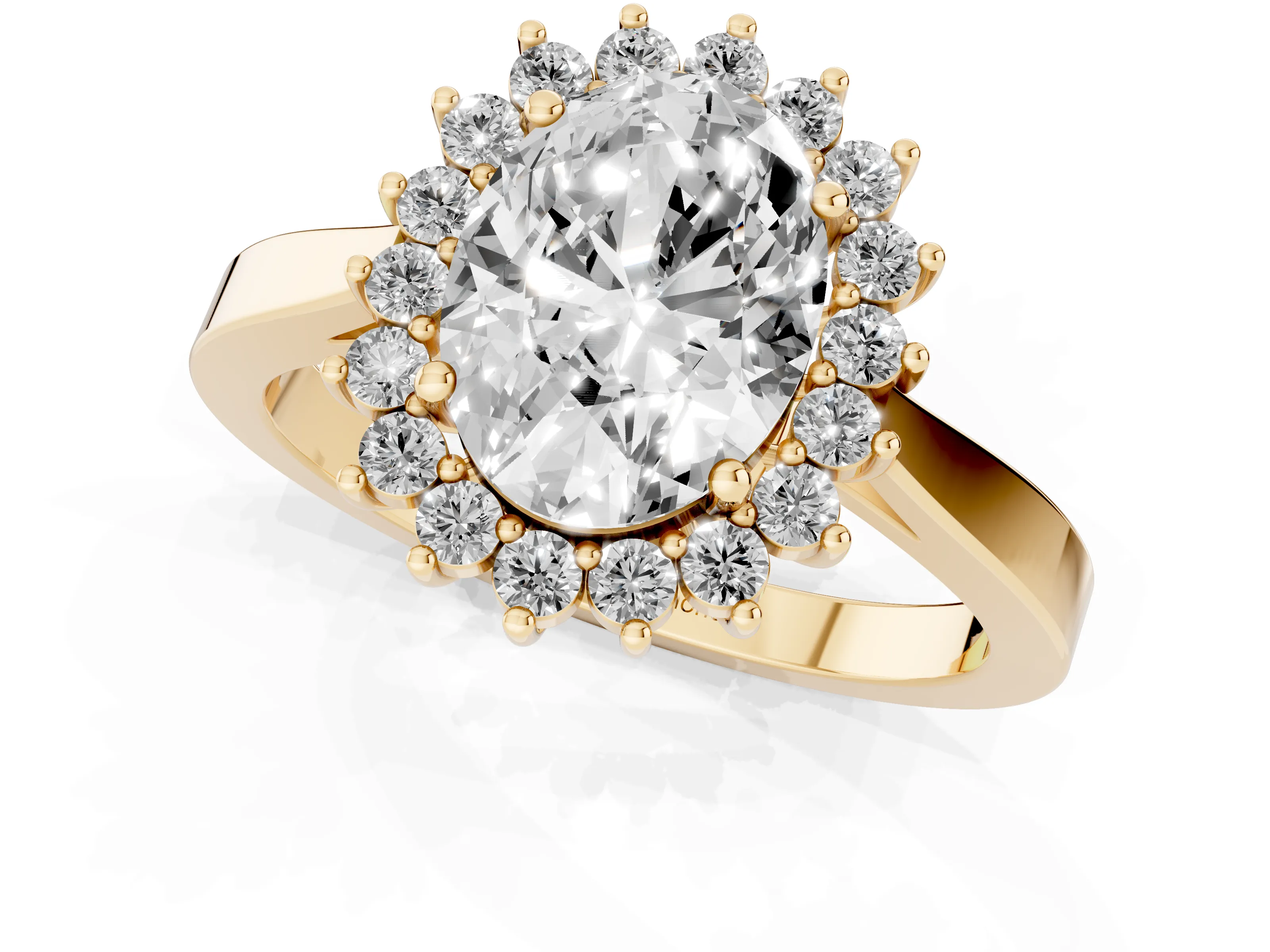Oval Cut Diamond Halo Ring Set in Yellow gold with Round Halo and Smooth Solitaire Band