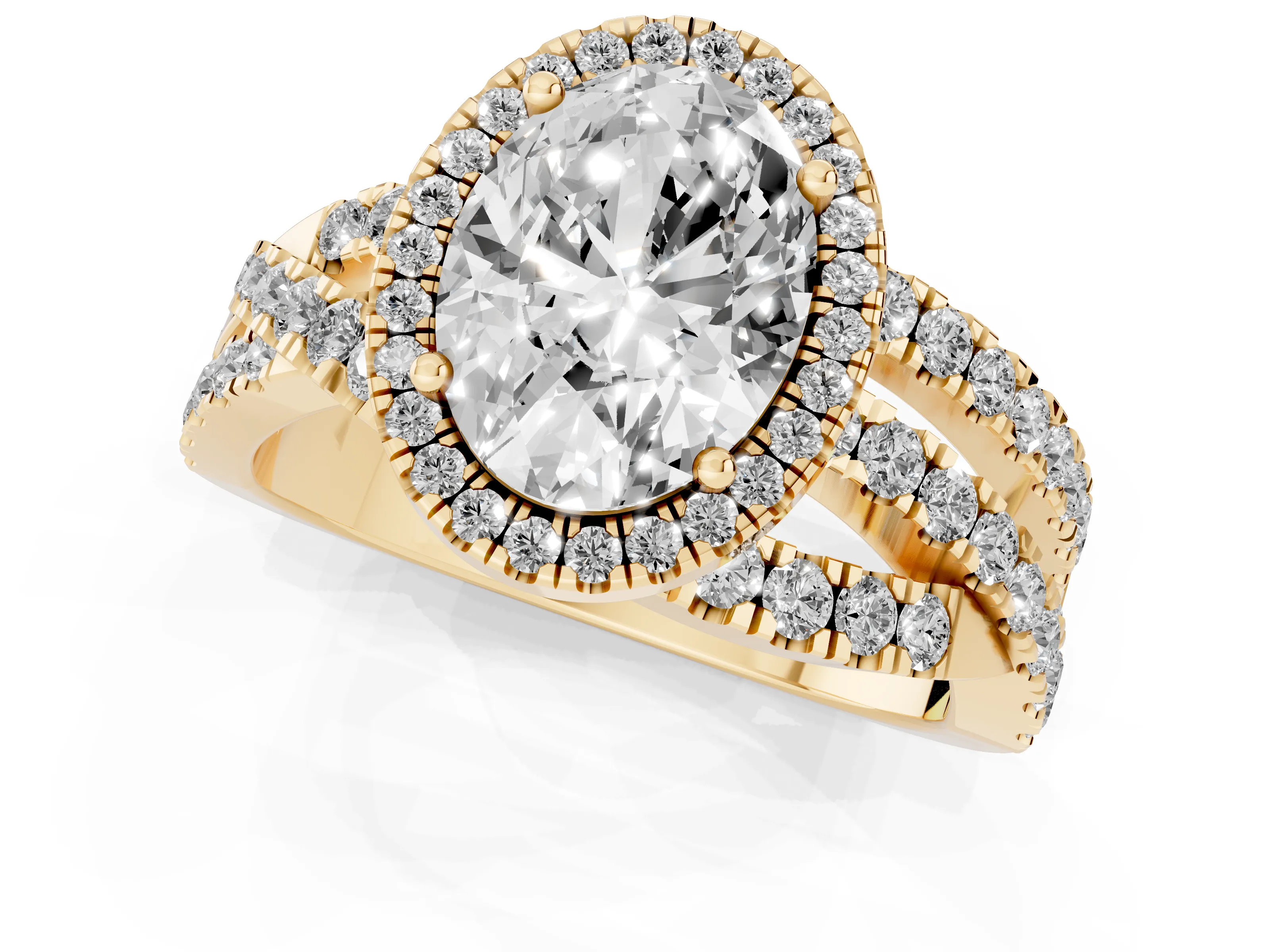 Oval Cut Diamond Halo Ring Set in Yellow gold with Round Crossover Split Shank and Prong Setting
