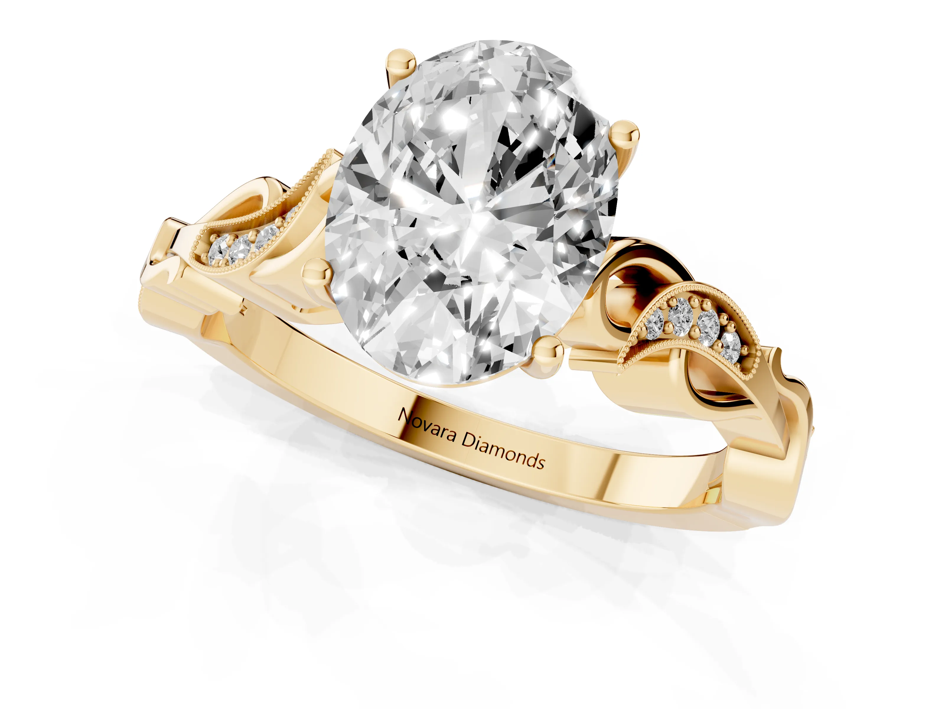 Oval Cut Diamond Vine Band Solitaire Ring Set in Yellow gold with Milgrain Prong Setting