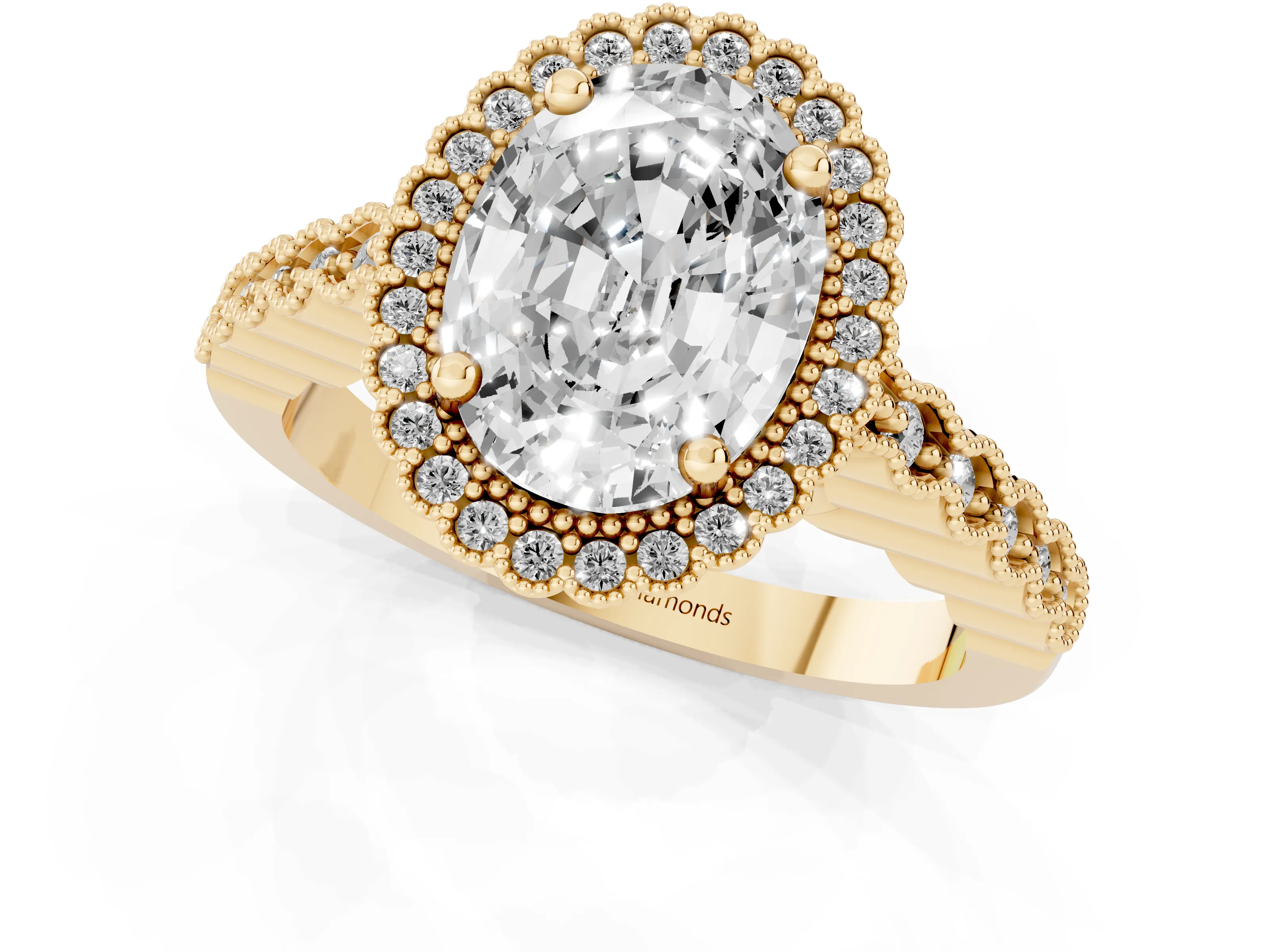 Oval Cut Diamond Halo Ring Set in Yellow gold with Pavé Milgrain Band