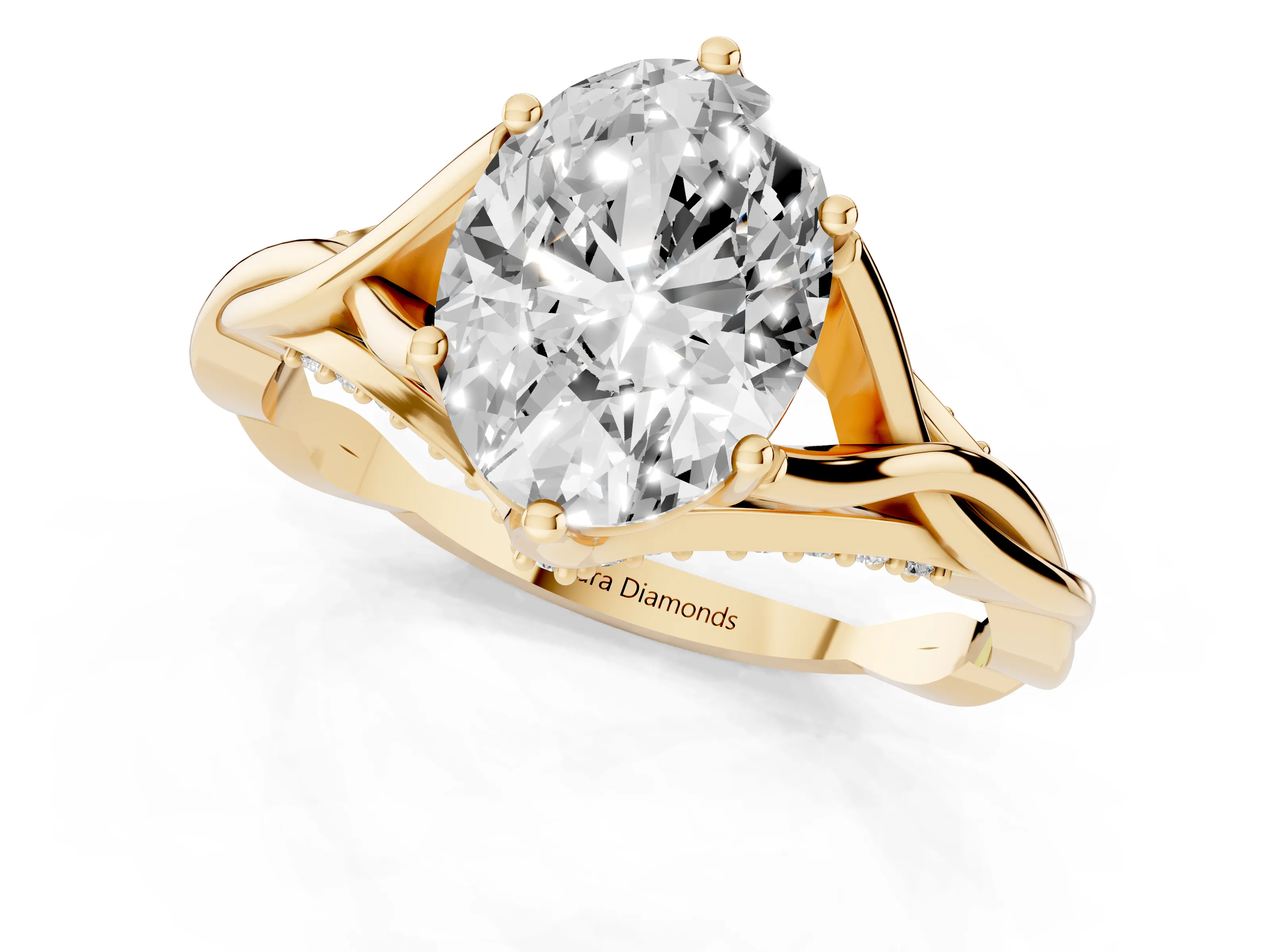Oval Cut Diamond Intertwined Twist Band Solitaire Ring Set in Yellow gold with Prong Setting