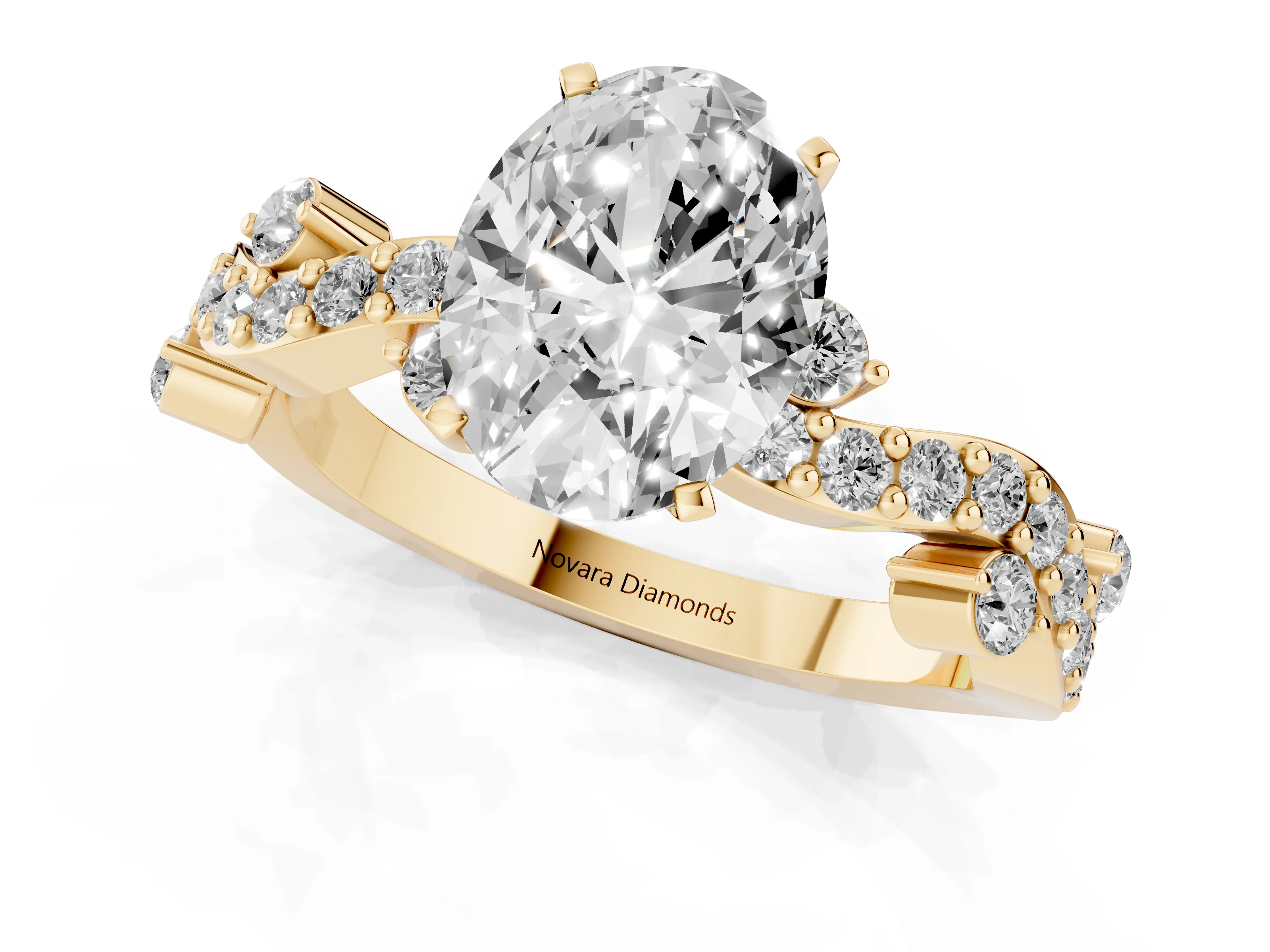 Oval Cut Diamond Solitaire Twisted Band Set in Yellow gold with Pavé Setting – second view