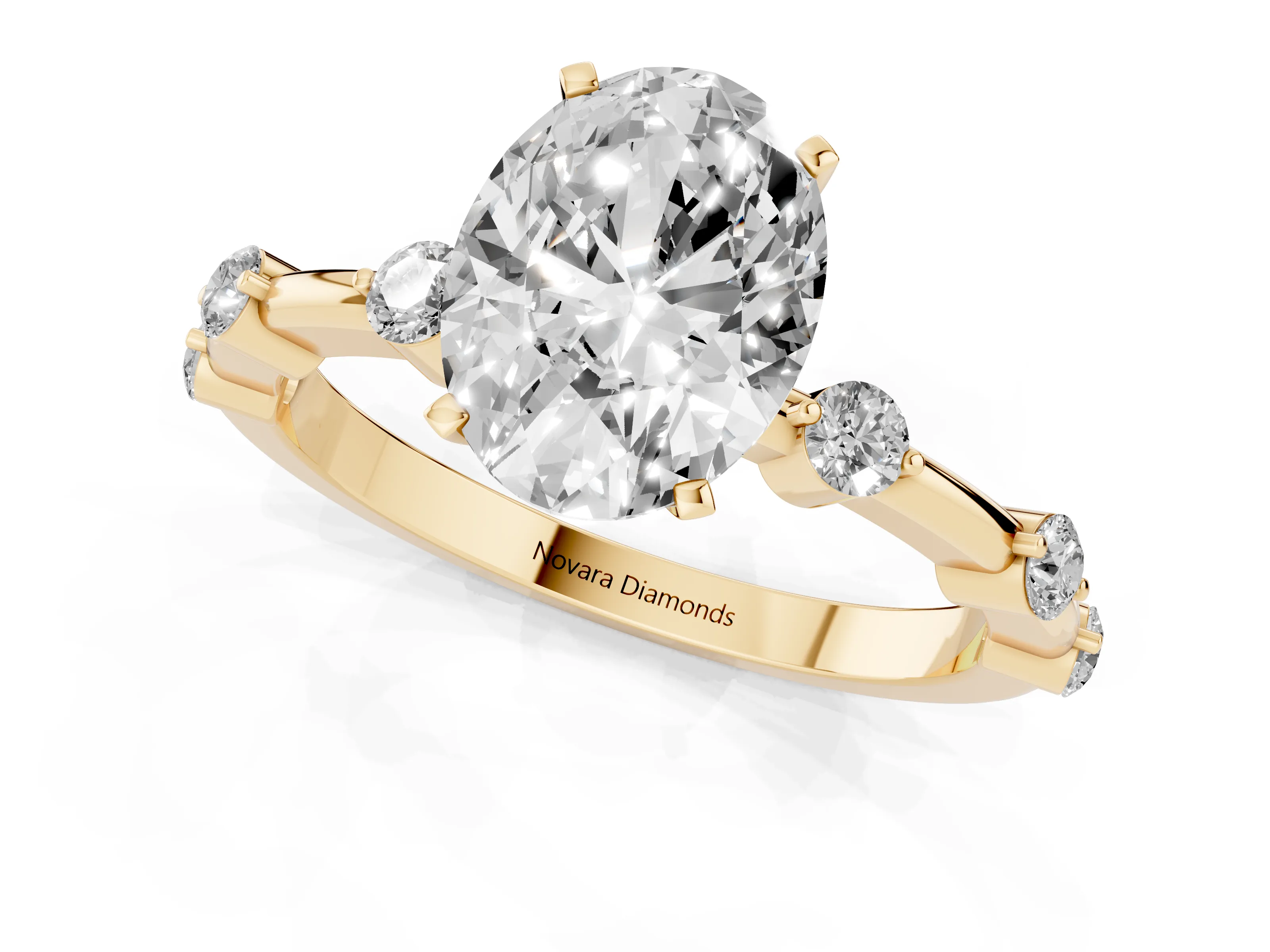 Oval Cut Diamond Solitaire Ring Set in Yellow gold with Bezel Set Side Stones and Prong Setting