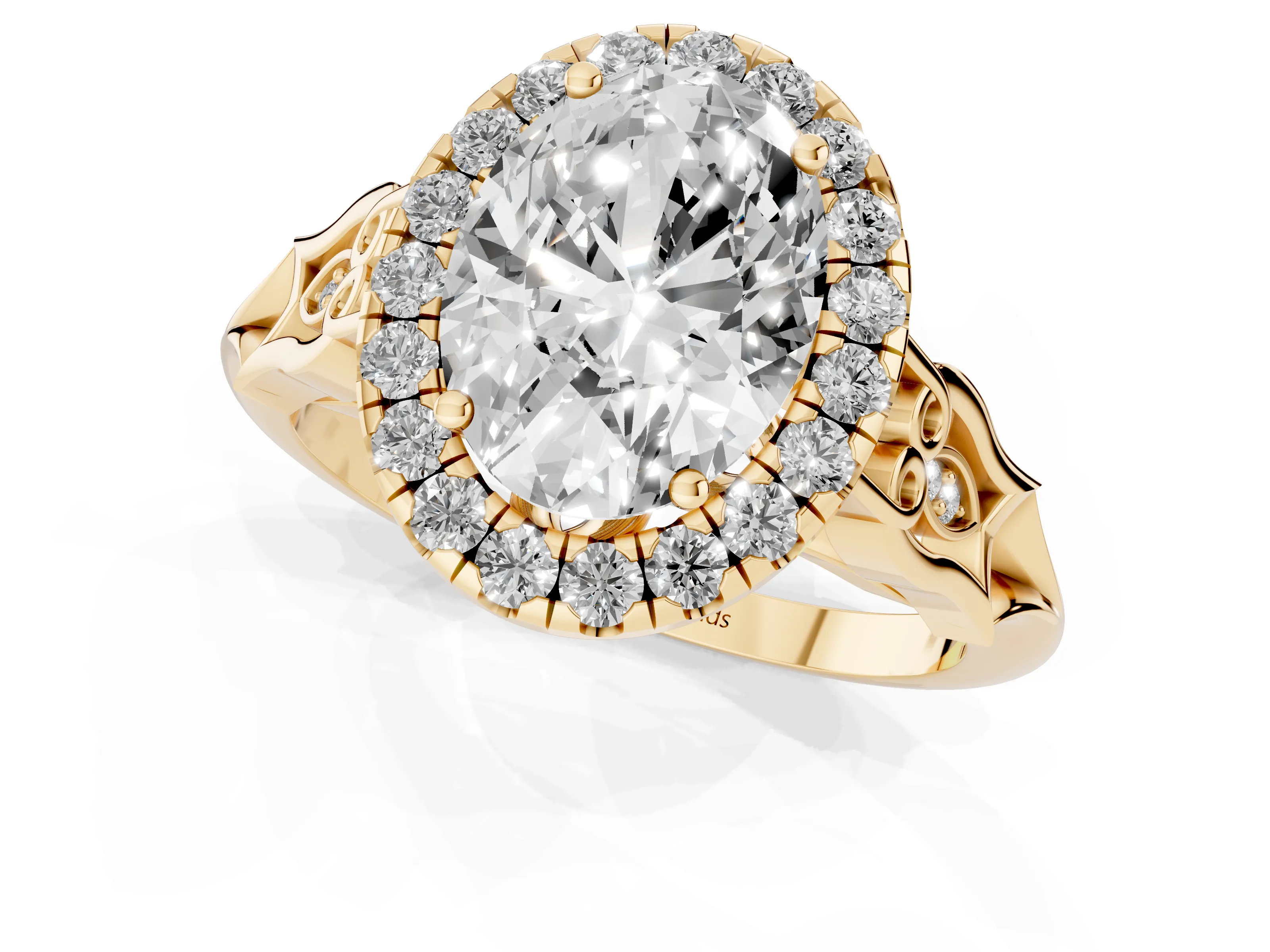 Oval Cut Diamond Halo Engagement Ring Set in Yellow gold with Filigree Band and Prong-Set Center