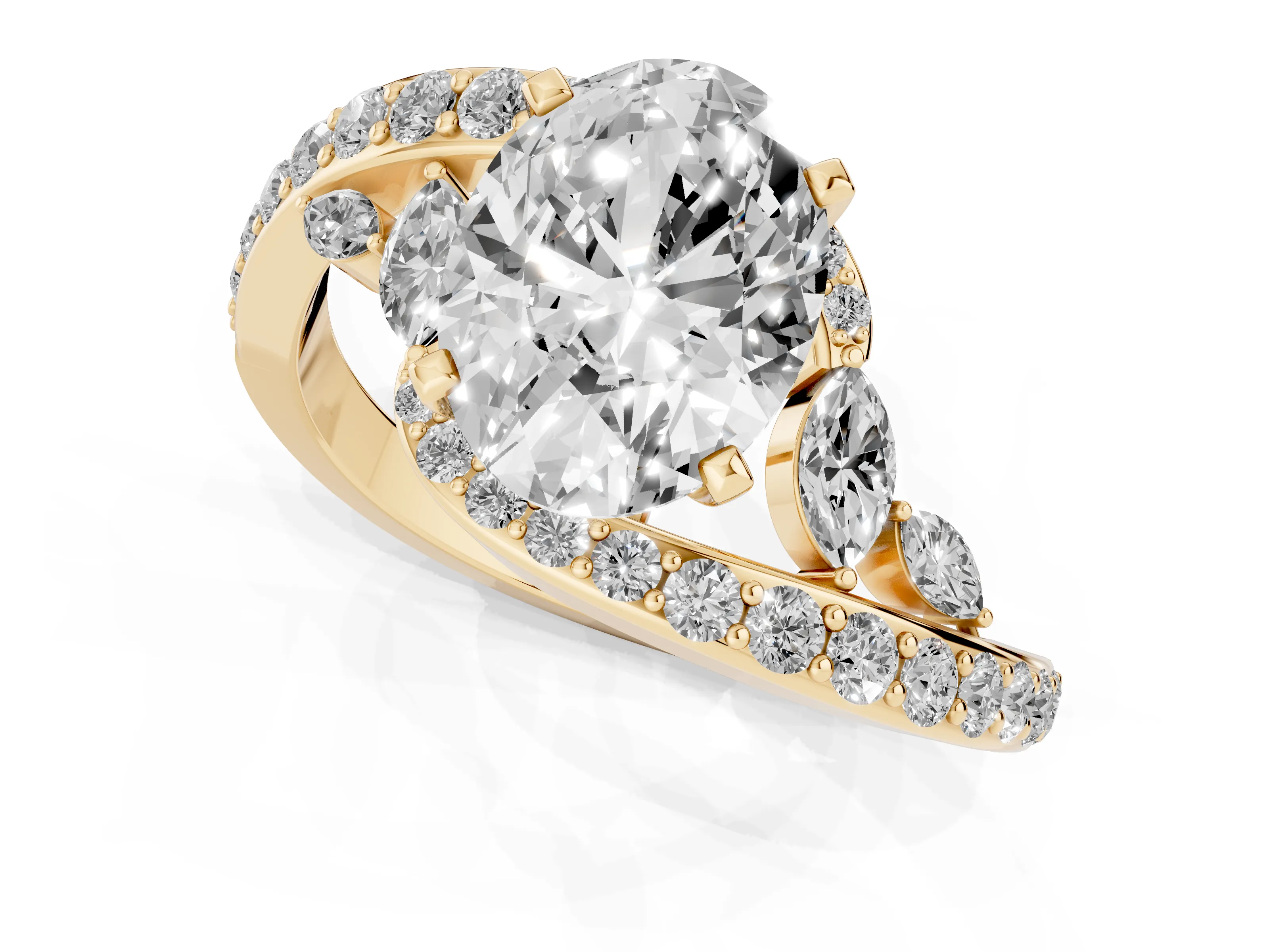Oval Cut Diamond Solitaire Ring Set in Yellow gold with Pavé Twist Band and Secure Prong Setting