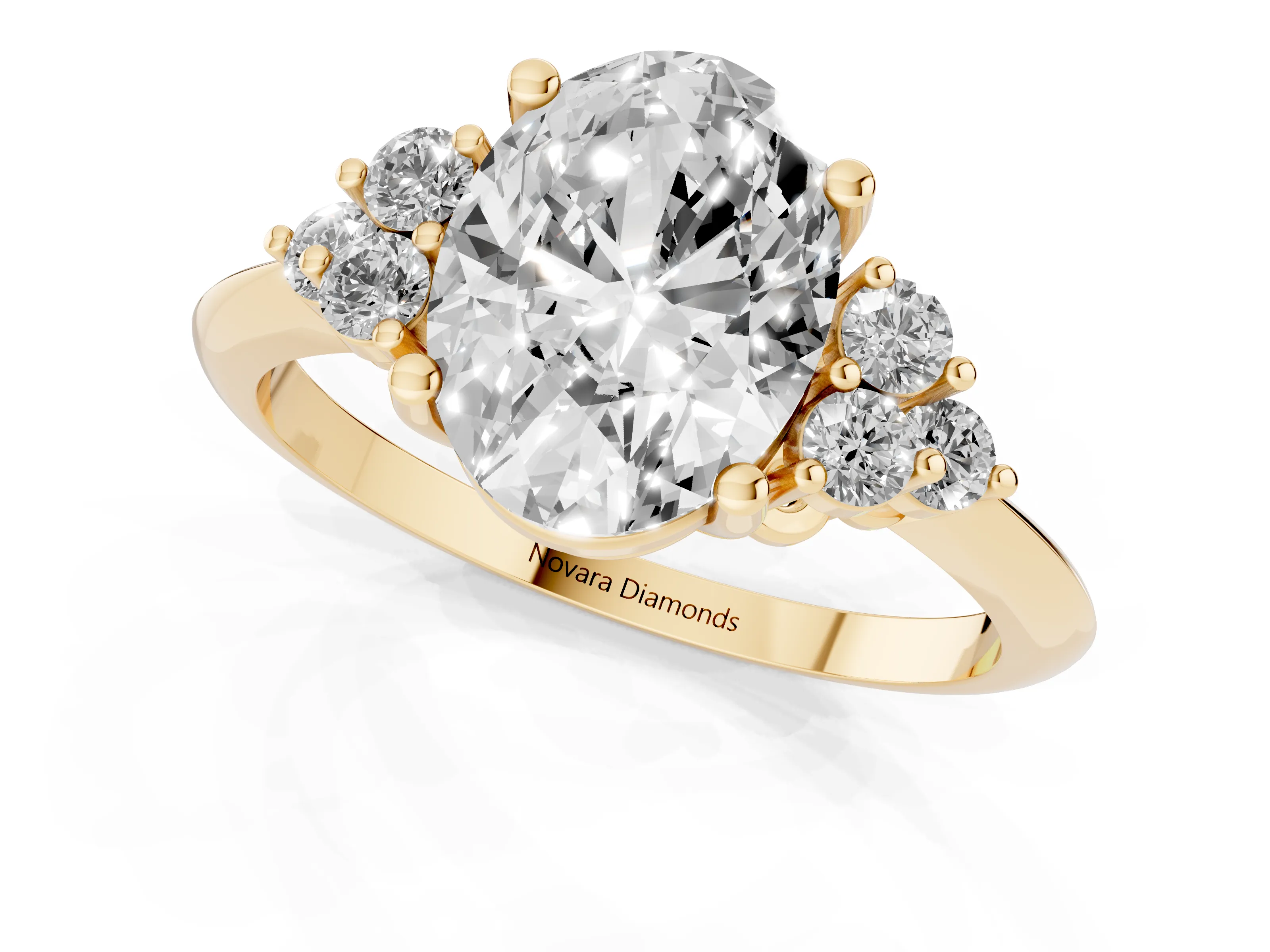 Oval Cut Diamond Cluster Ring Set in Yellow gold with Plain Band and Prong Setting