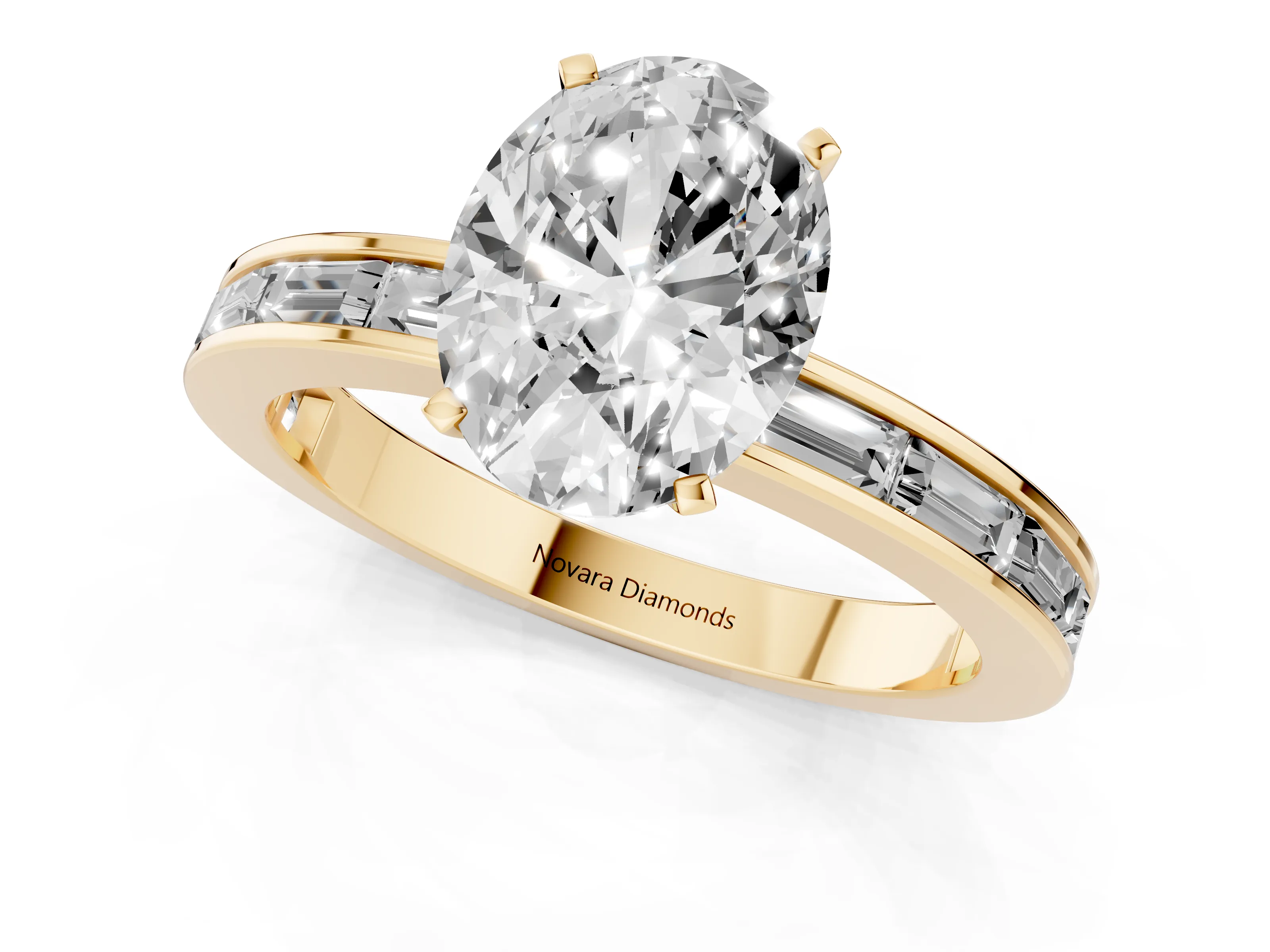 Oval Cut Diamond Solitaire Ring Set in Yellow gold with Channel-Set Baguette Band and Prong Setting