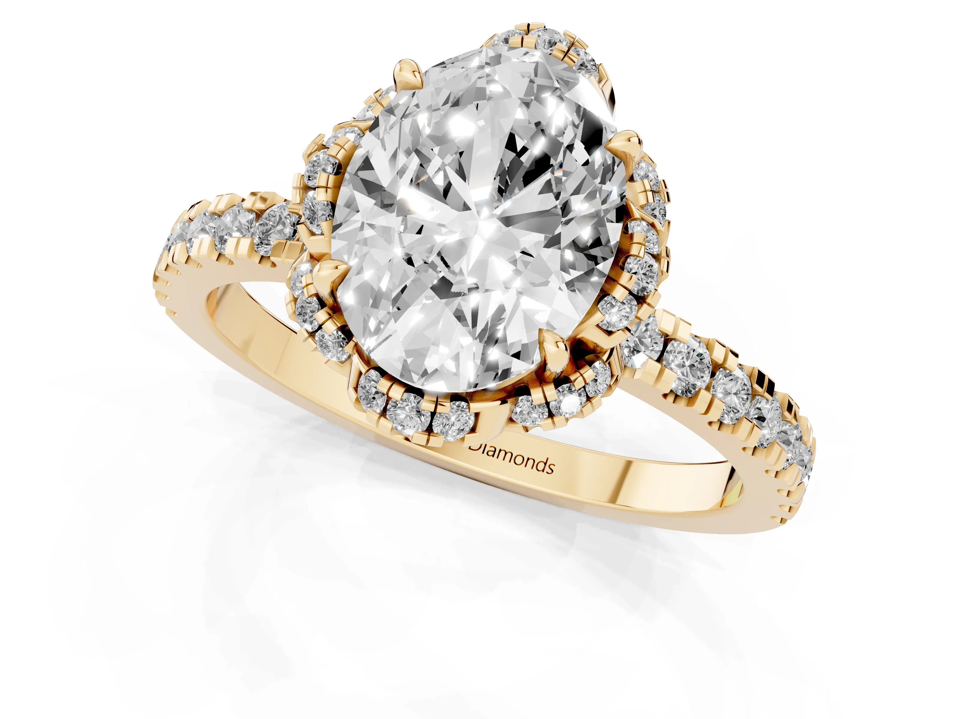 Oval Cut Diamond Halo Pavé Band Ring Set in Yellow gold with Prong-Held Center