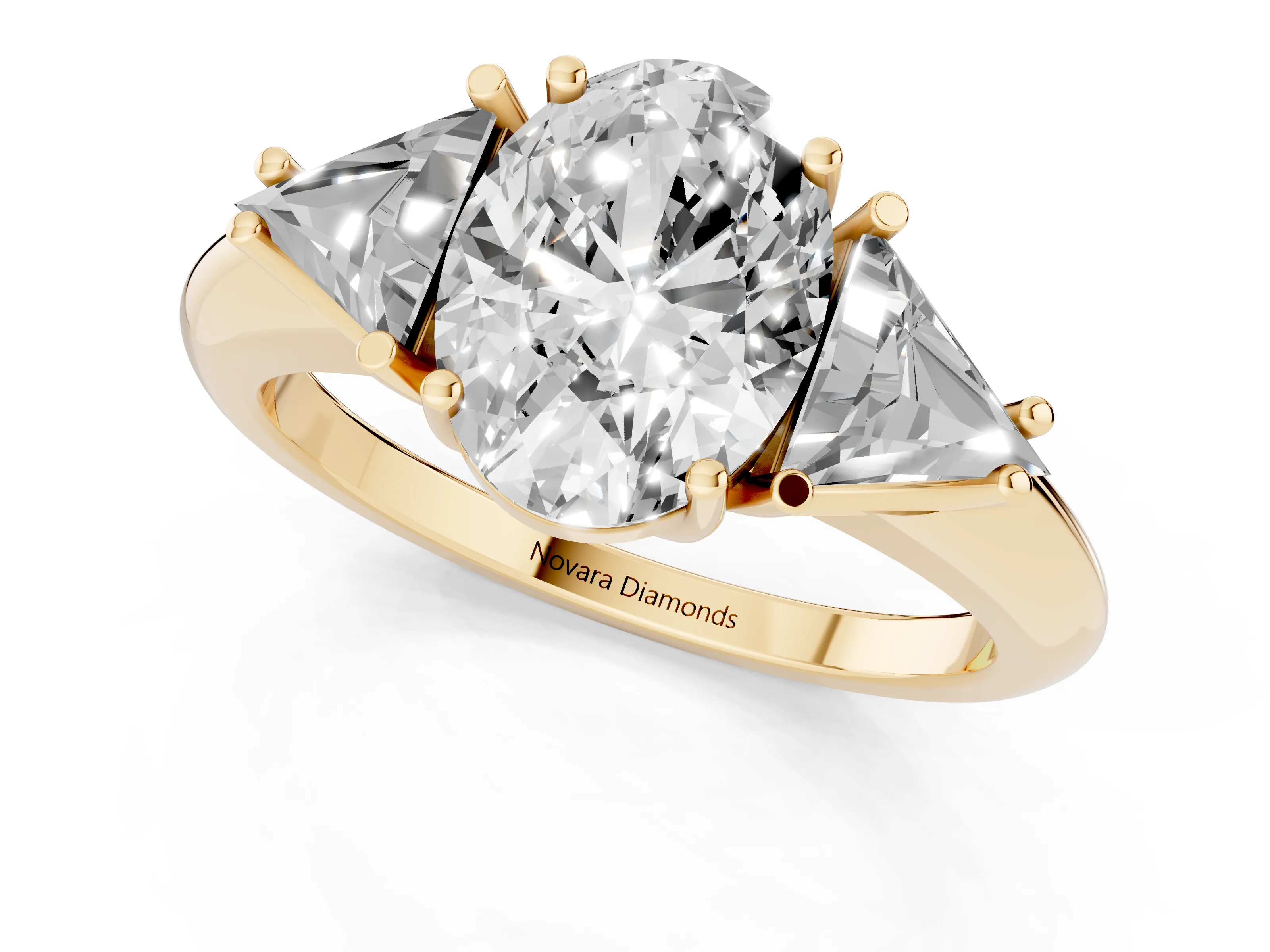 Oval Cut Diamond Three-Stone Engagement Ring Set in Yellow gold with Trillion Side Stones