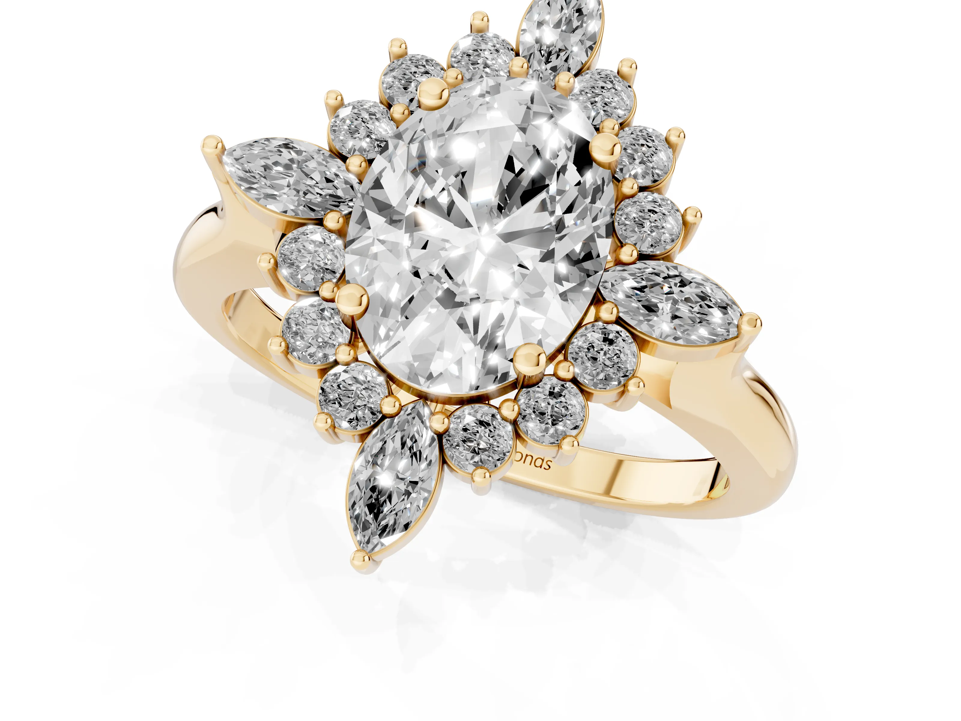 Oval Cut Diamond Cluster Halo Ring Set in Yellow gold with Marquise and Round Accents