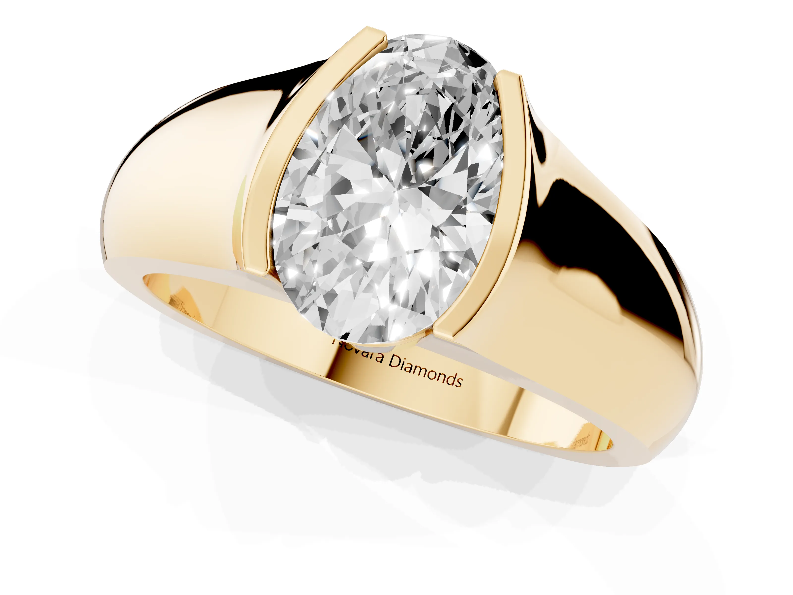 Oval Cut Diamond Bezel Solitaire Ring Set in Yellow gold with Wide Band