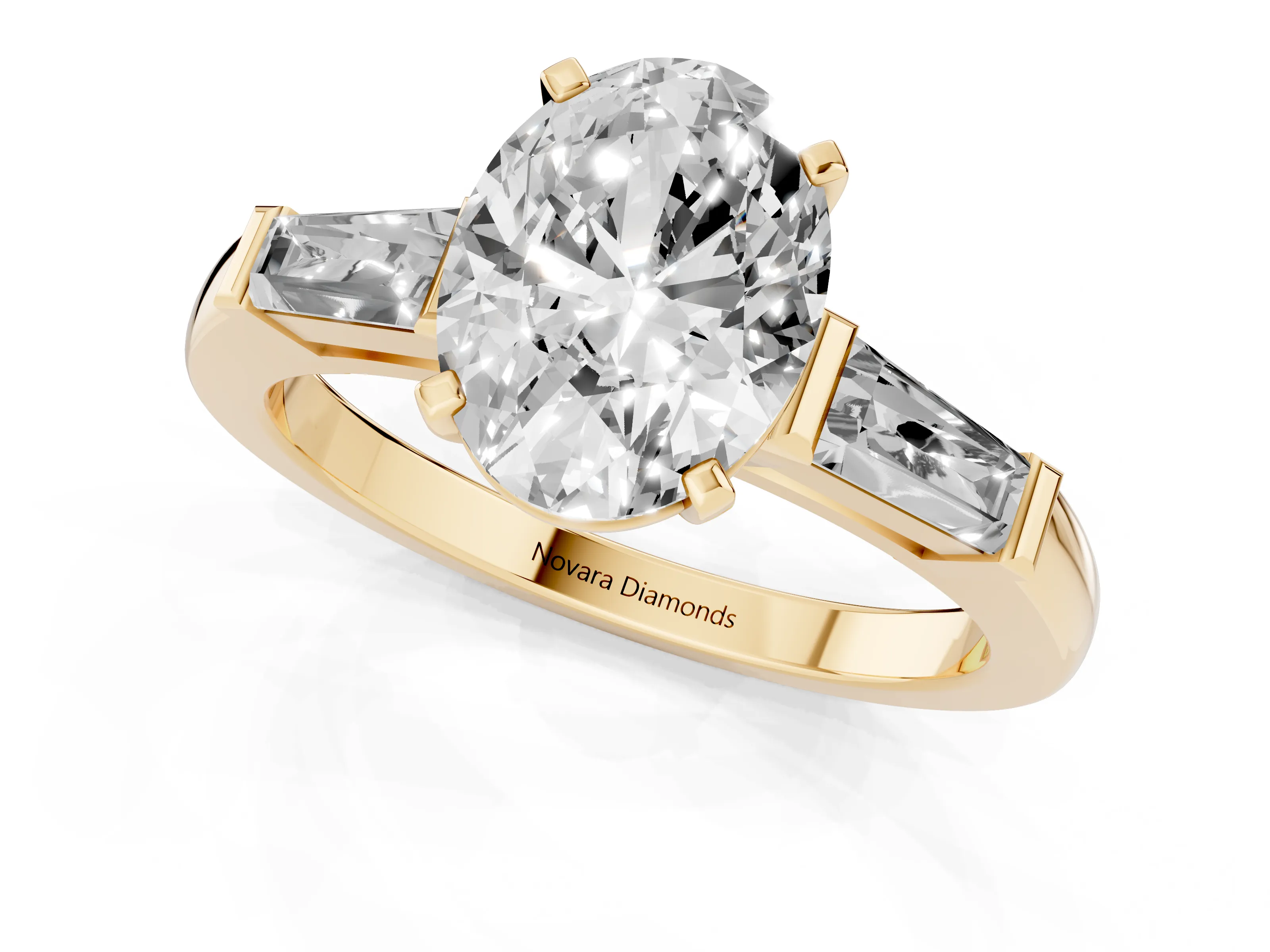 Oval Cut Diamond Solitaire Ring Set in Yellow gold with Tapered Baguette Side Stones and Prong Setting