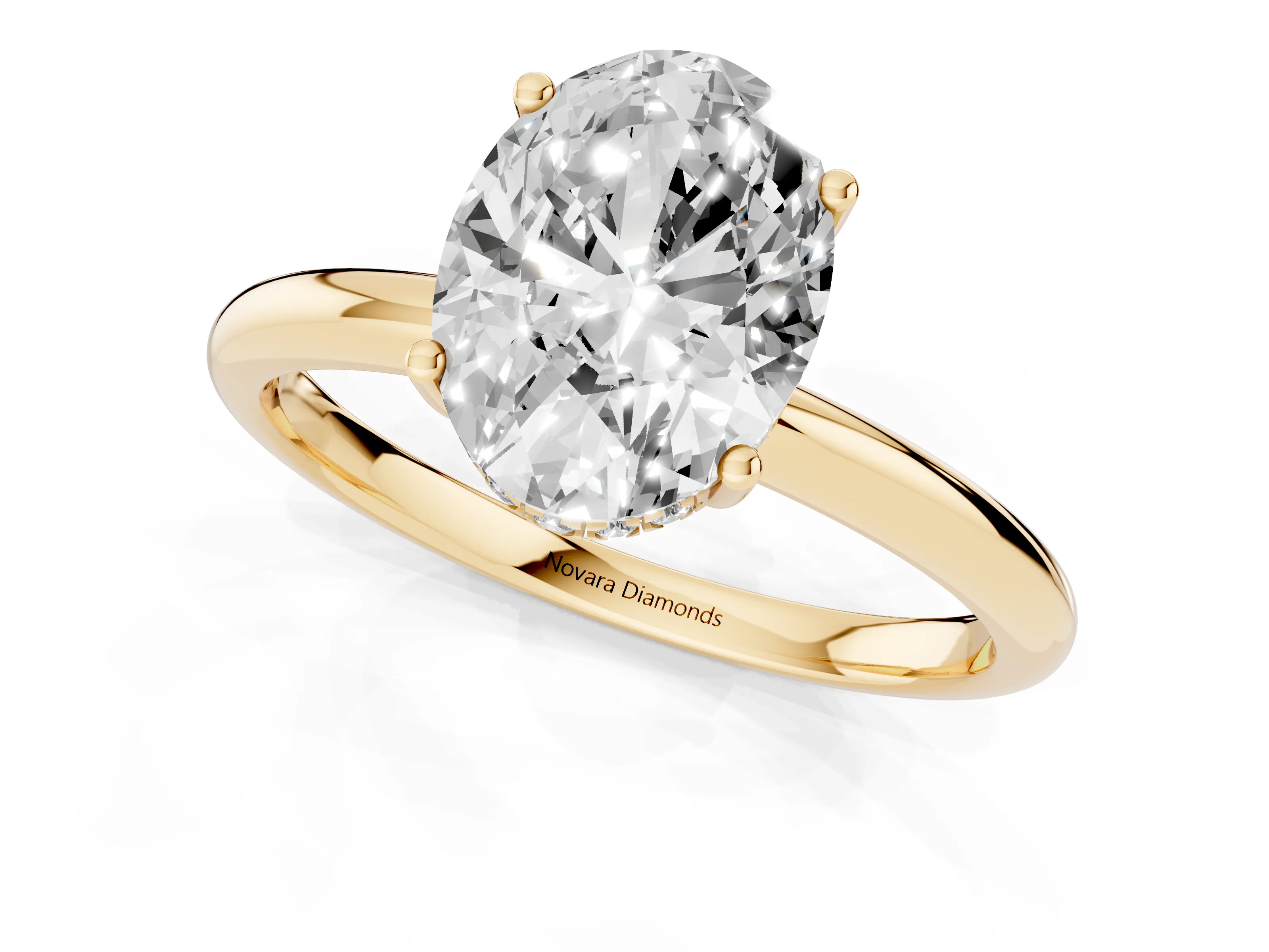 Oval Cut Diamond Solitaire Engagement Ring Set in Yellow gold with Prong Setting and Polished Band