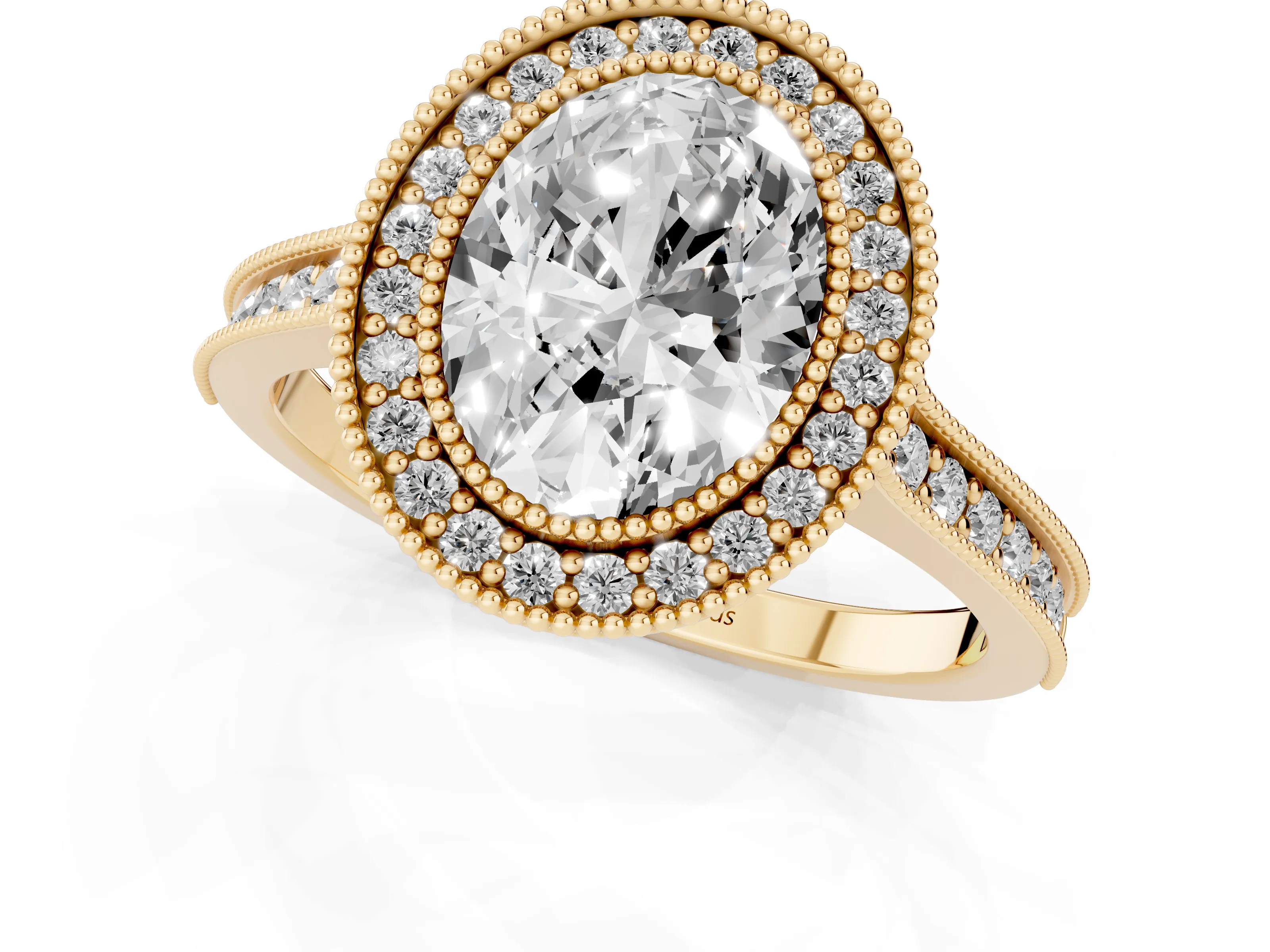 Oval Cut Diamond Halo Milgrain Pavé Band Ring Set in Yellow gold with Prong Setting