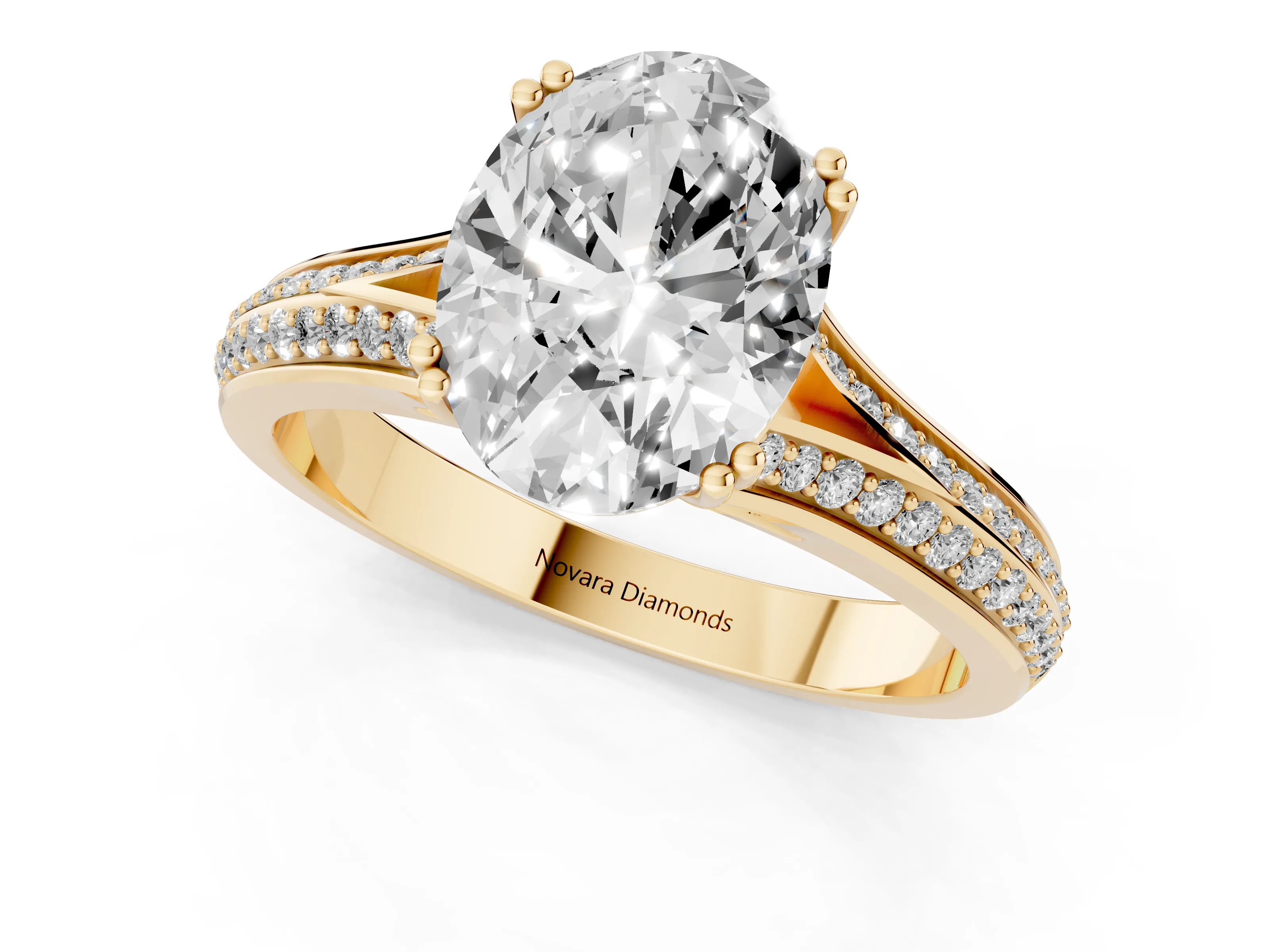 Oval Cut Diamond Split Shank Pavé Engagement Ring Set in Yellow gold with Prong-Set Center Stone