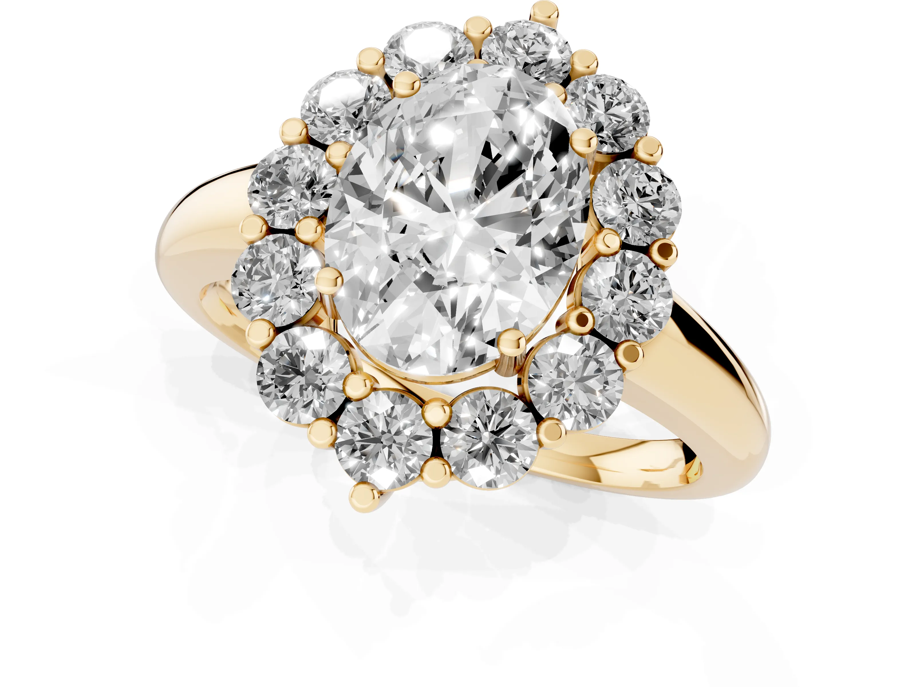 Oval Cut Diamond Halo Cluster Engagement Ring Set in Yellow gold with Polished Band and Prong Setting