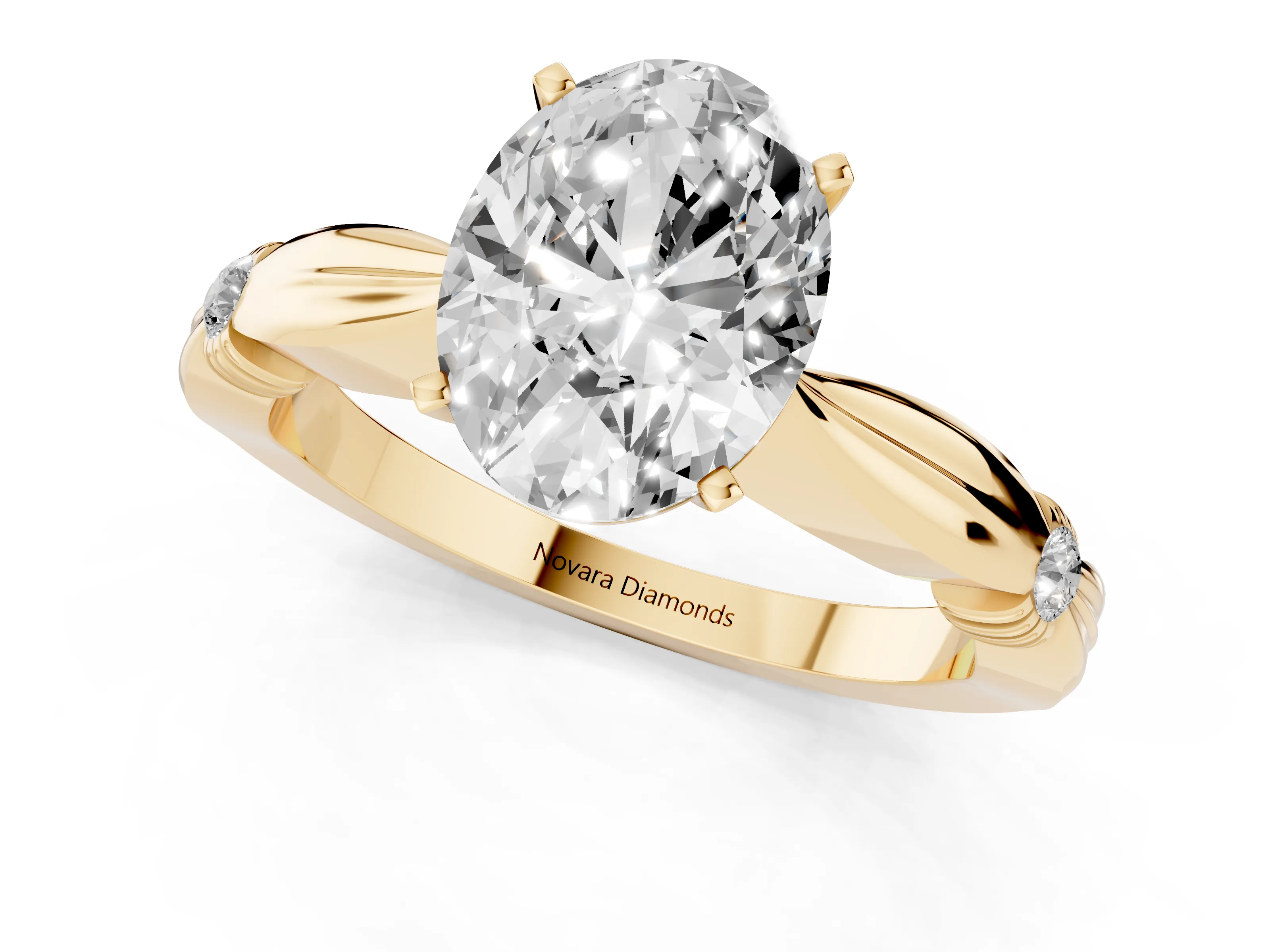 Oval Cut Diamond Solitaire Twisted Band Ring Set in Yellow gold with Accent Stones and Prong Setting – second view