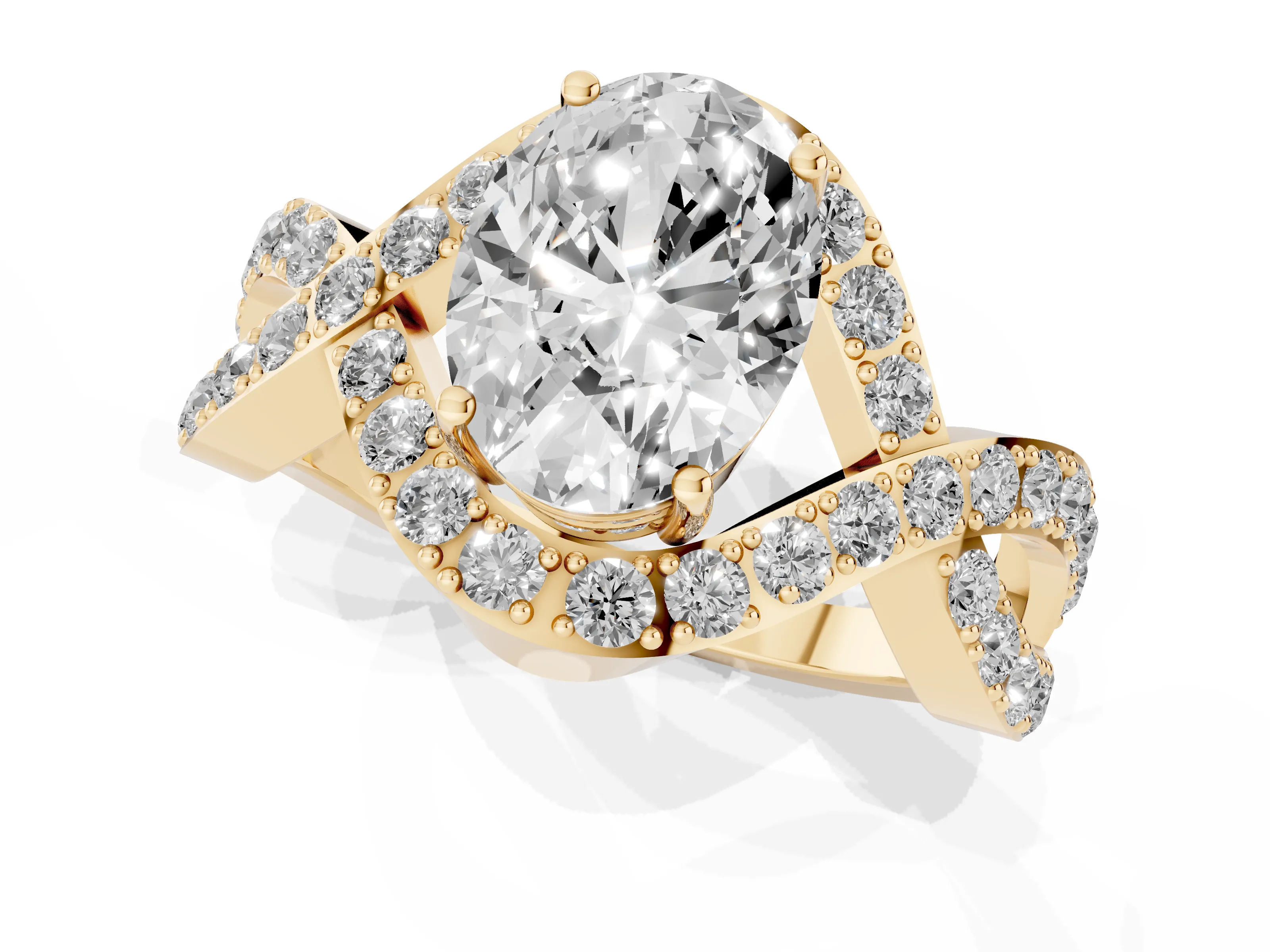 Oval Cut Diamond Solitaire Twist Band Pavé Engagement Ring Set in Yellow gold