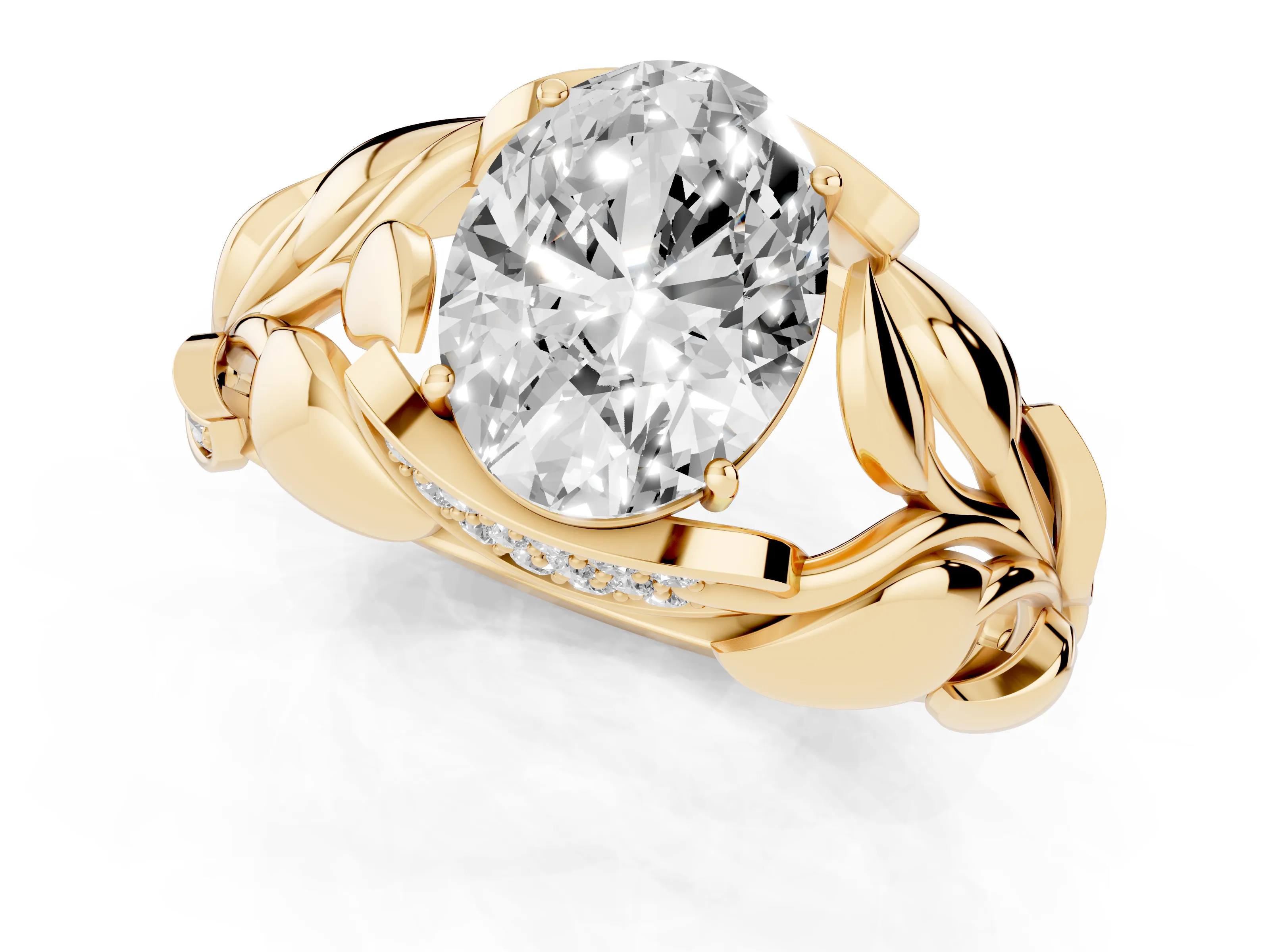 Oval Cut Diamond Leaf-Inspired Engagement Ring Set in Yellow gold with Round Accents