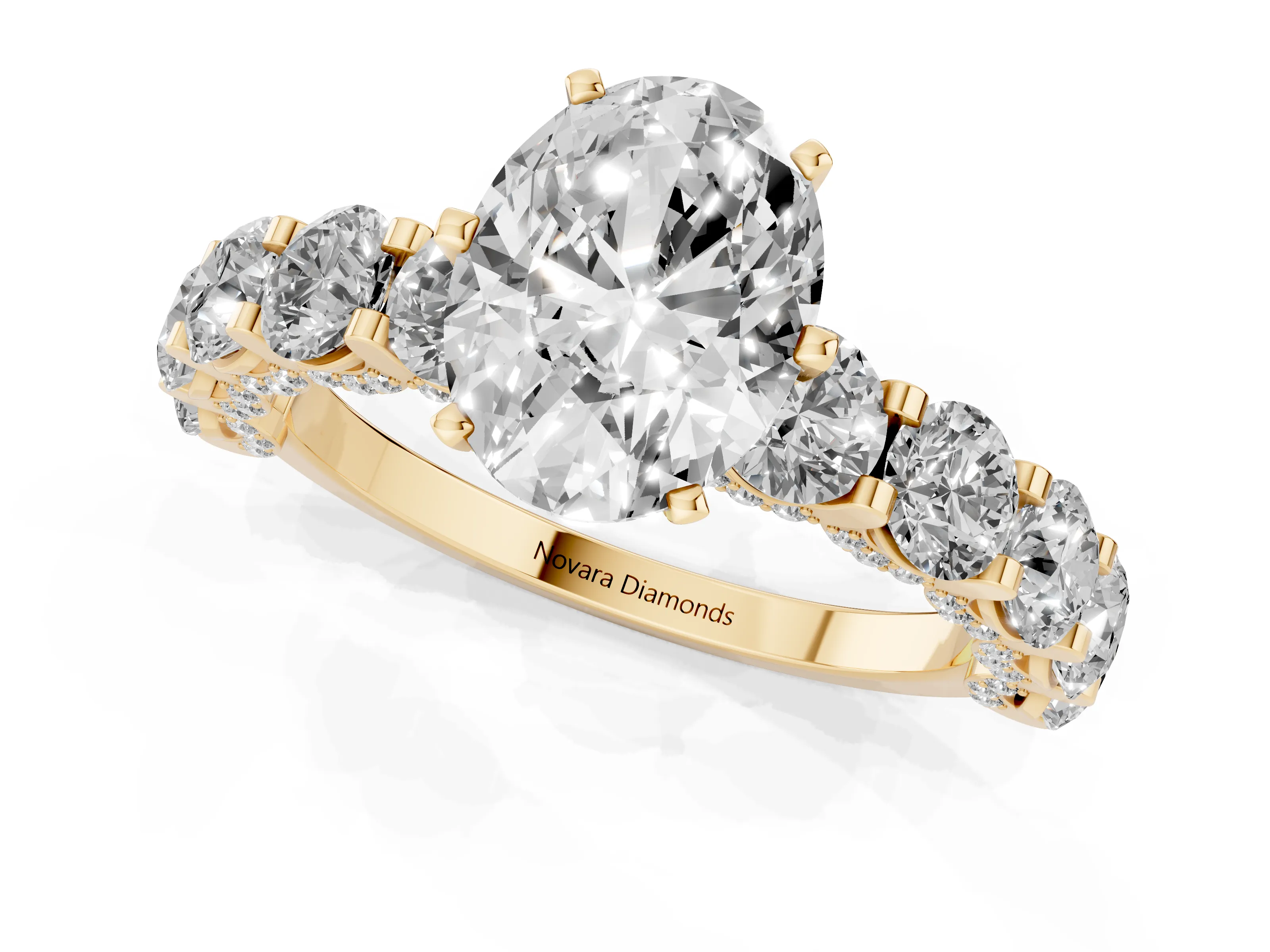 Oval Cut Diamond Side Stone Ring Set in Yellow gold with Alternating Round and Oval Side Stones