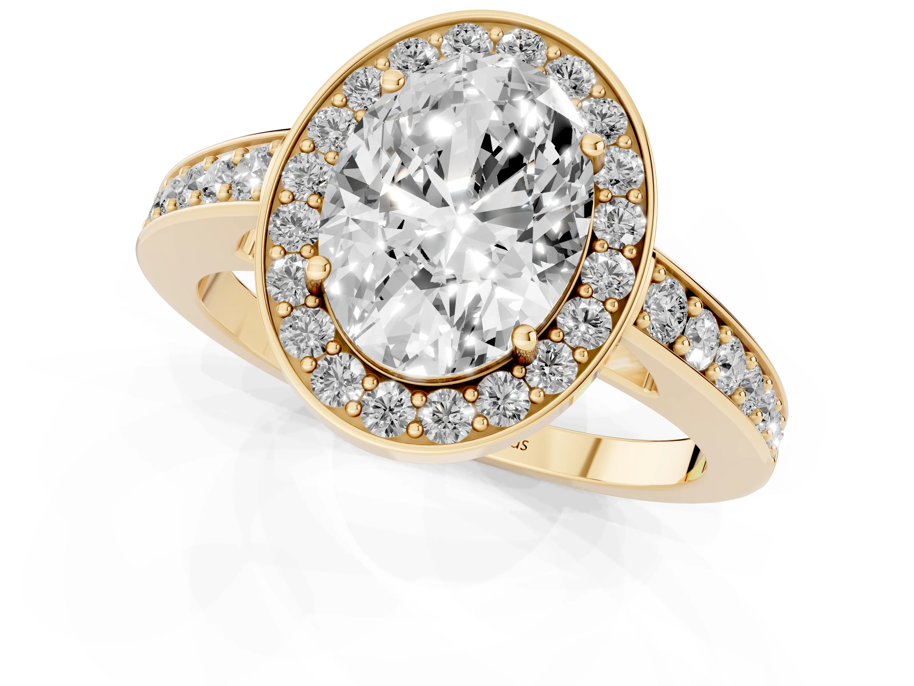 Oval Cut Diamond Halo Pavé Engagement Ring Set in Yellow gold with Bezel Setting