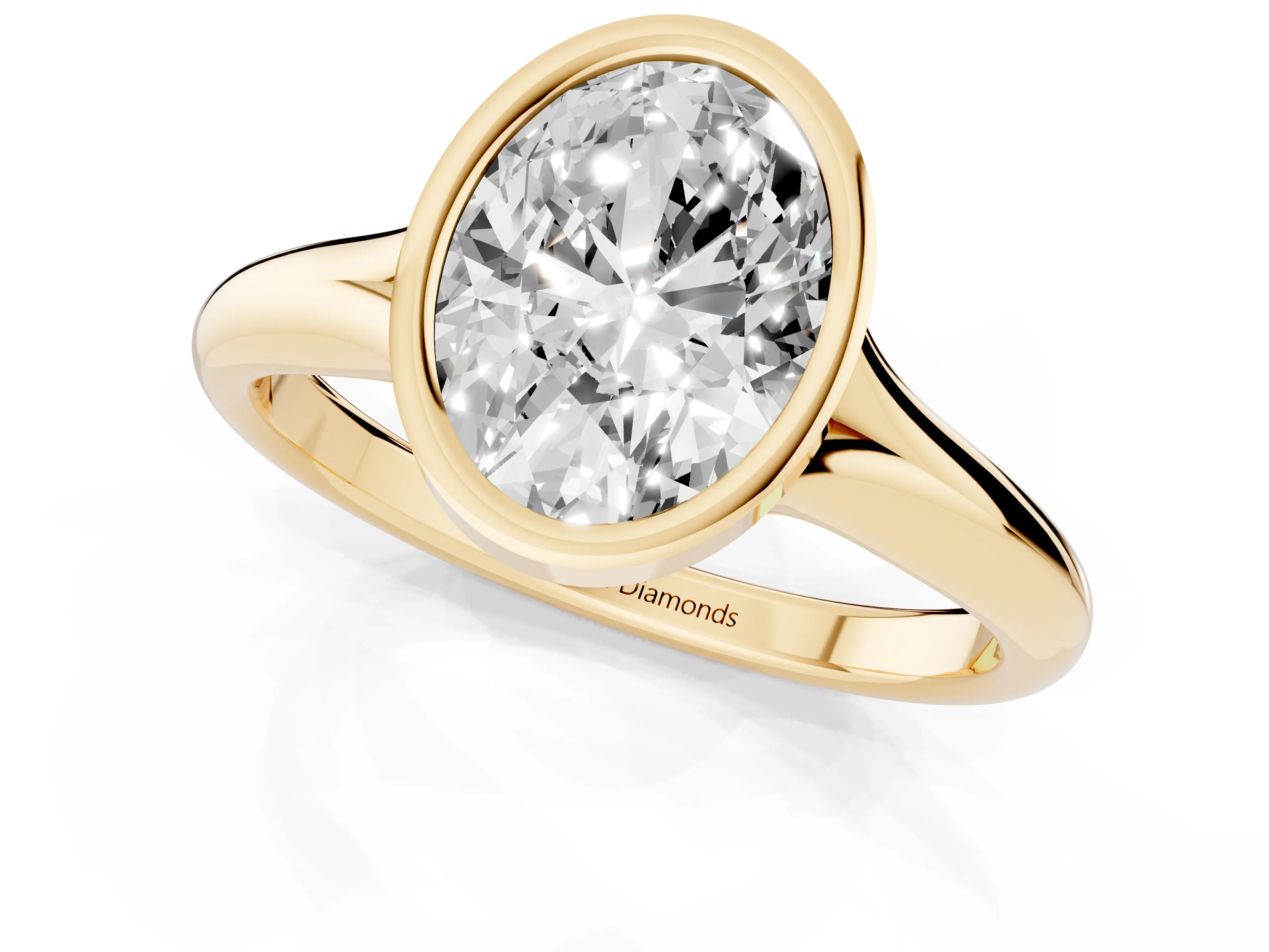 Bezel Set Oval Cut Diamond Solitaire Ring Set in Yellow gold with Smooth Band