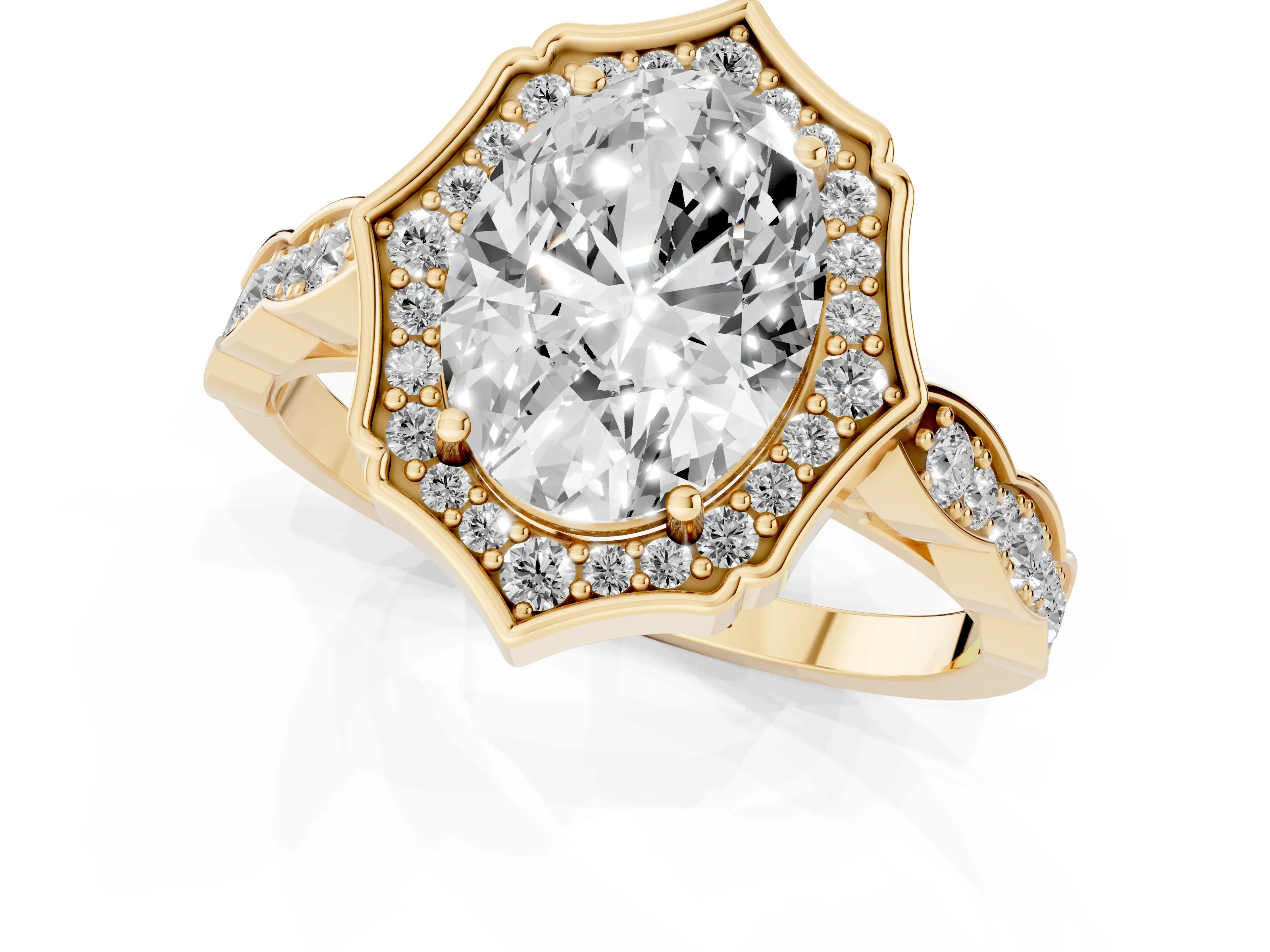 Oval Cut Diamond Halo Engagement Ring Set in Yellow gold with Milgrain Band and Prong Setting – second view