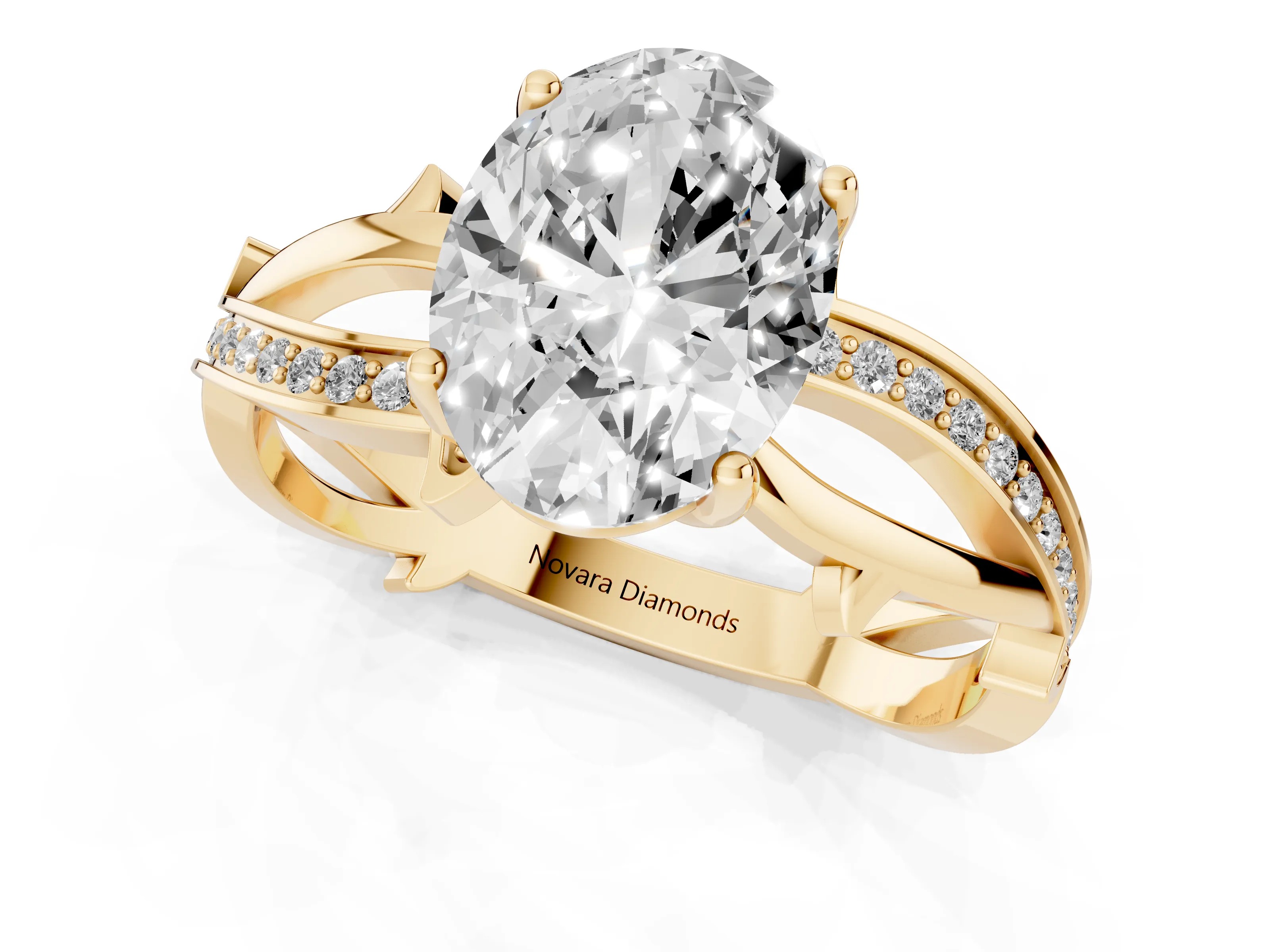 Oval Cut Diamond Pavé Twist Band Solitaire Ring Set in Yellow gold with Prong Setting