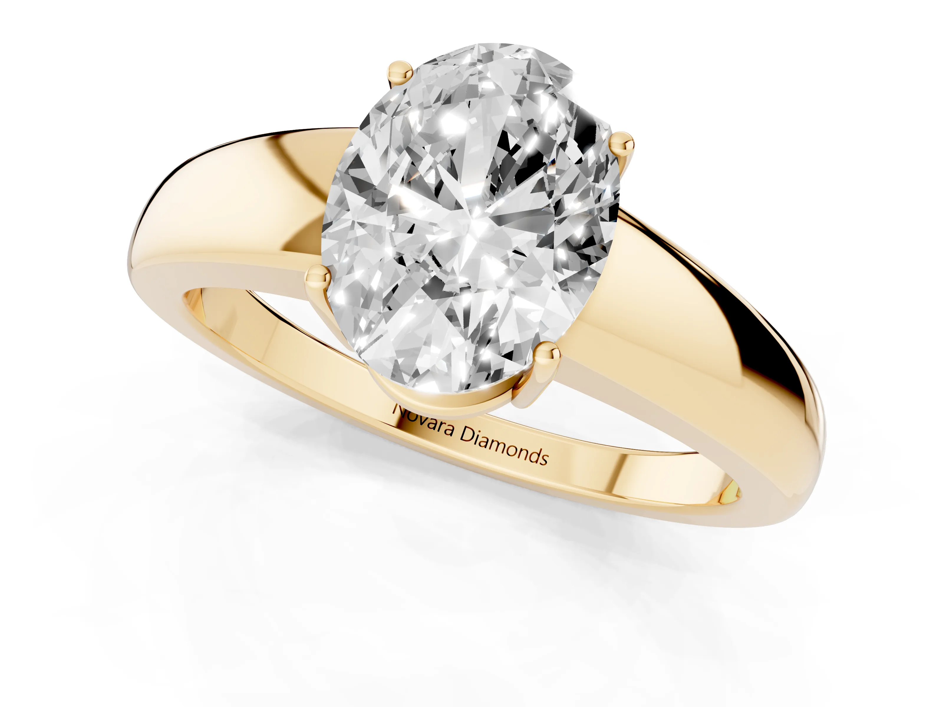 Oval Cut Diamond Solitaire Ring Set in Yellow gold with Tapered Band and Prong Setting