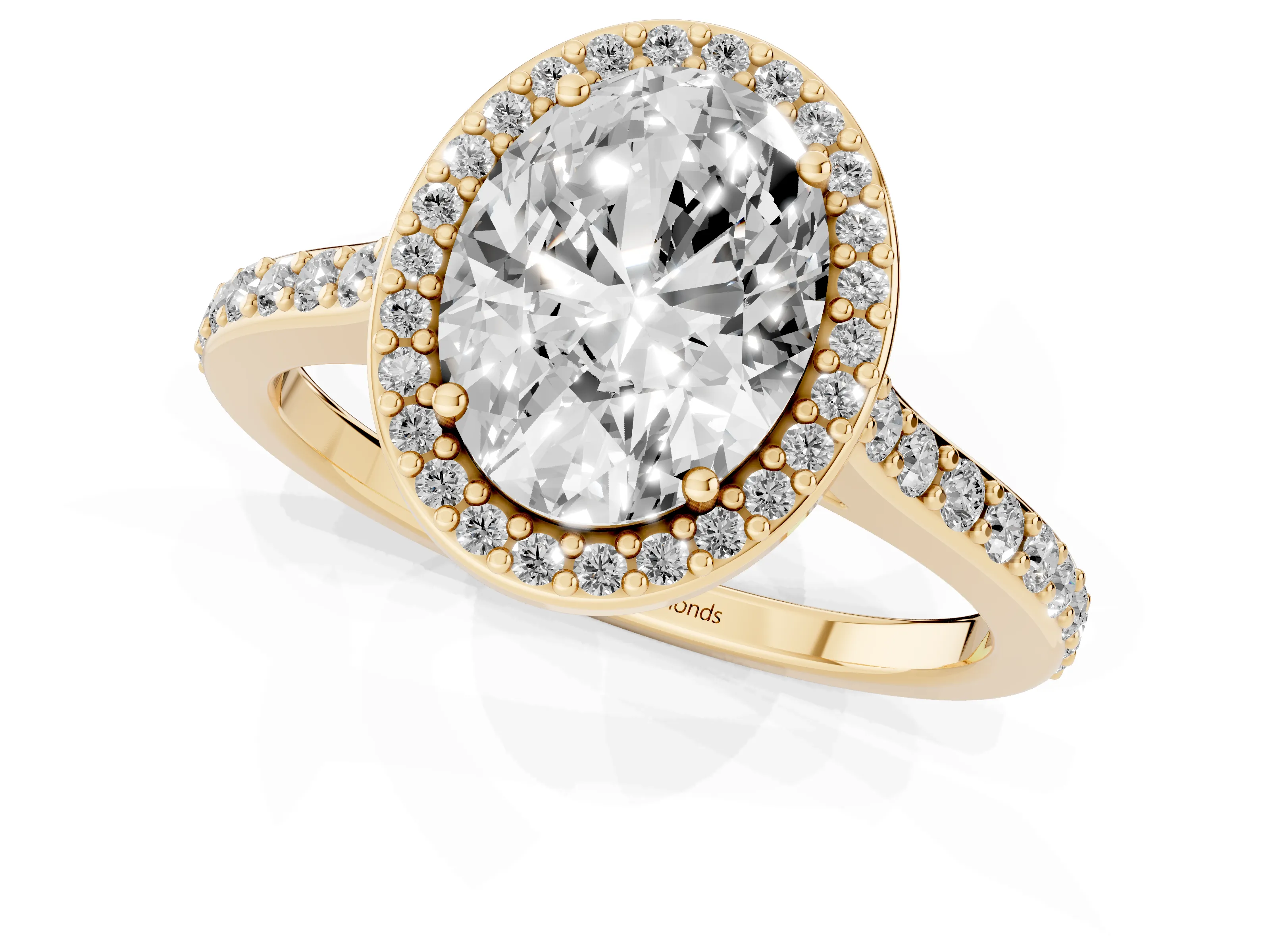 Oval Cut Diamond Halo Engagement Ring Set in Yellow gold with Round Pavé Shoulders and Heart Gallery – second view